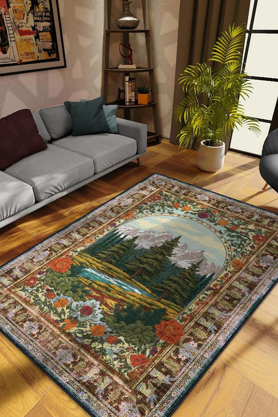 Homshtag Art Deco Ladin Ağacı Vintage Halı Görünümlü Dijital Baskı Çok Renkli Halı, Dekoratif Rustik Çiçekli Halı