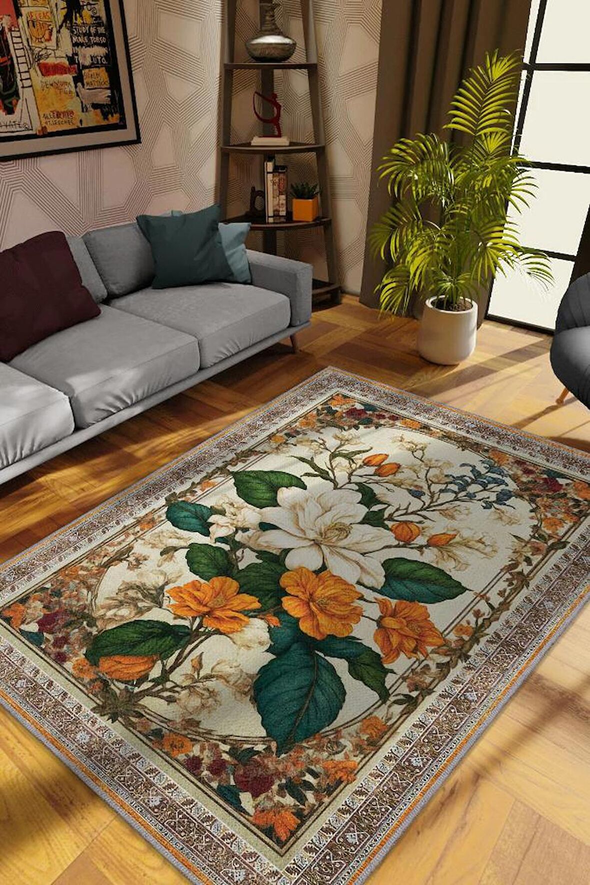 Homshtag Art Deco Yasemin Çiçeği Vintage Halı Görünümlü Dijital Baskı Çok Renkli Halı, Dekoratif Rustik Çiçekli Halı