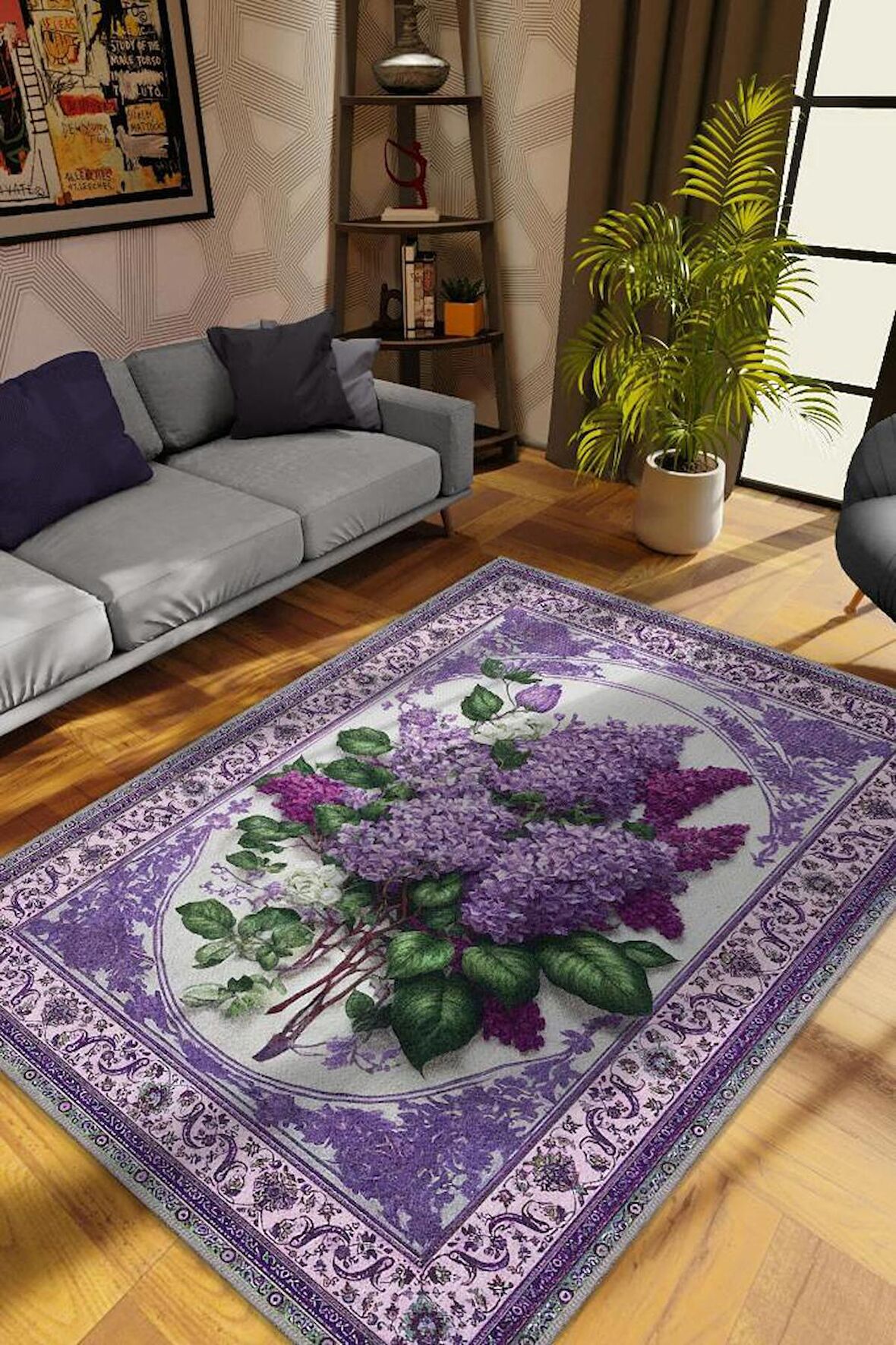 Homshtag Art Deco Leylak Çiçeği Vintage Halı Görünümlü Dijital Baskı Mor Renkli Halı, Dekoratif Rustik Çiçekli Halı