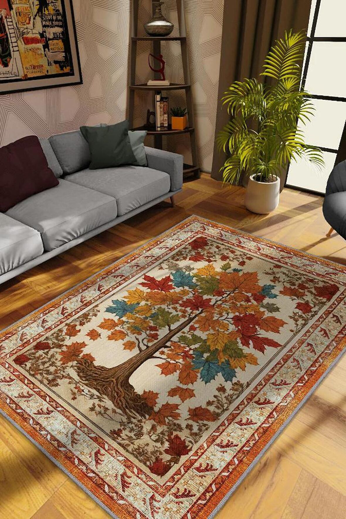 Homshtag Art Deco Çınar Ağacı Vintage Halı Görünümlü Dijital Baskı Renkli Halı,Rustik Çiçekli Halı