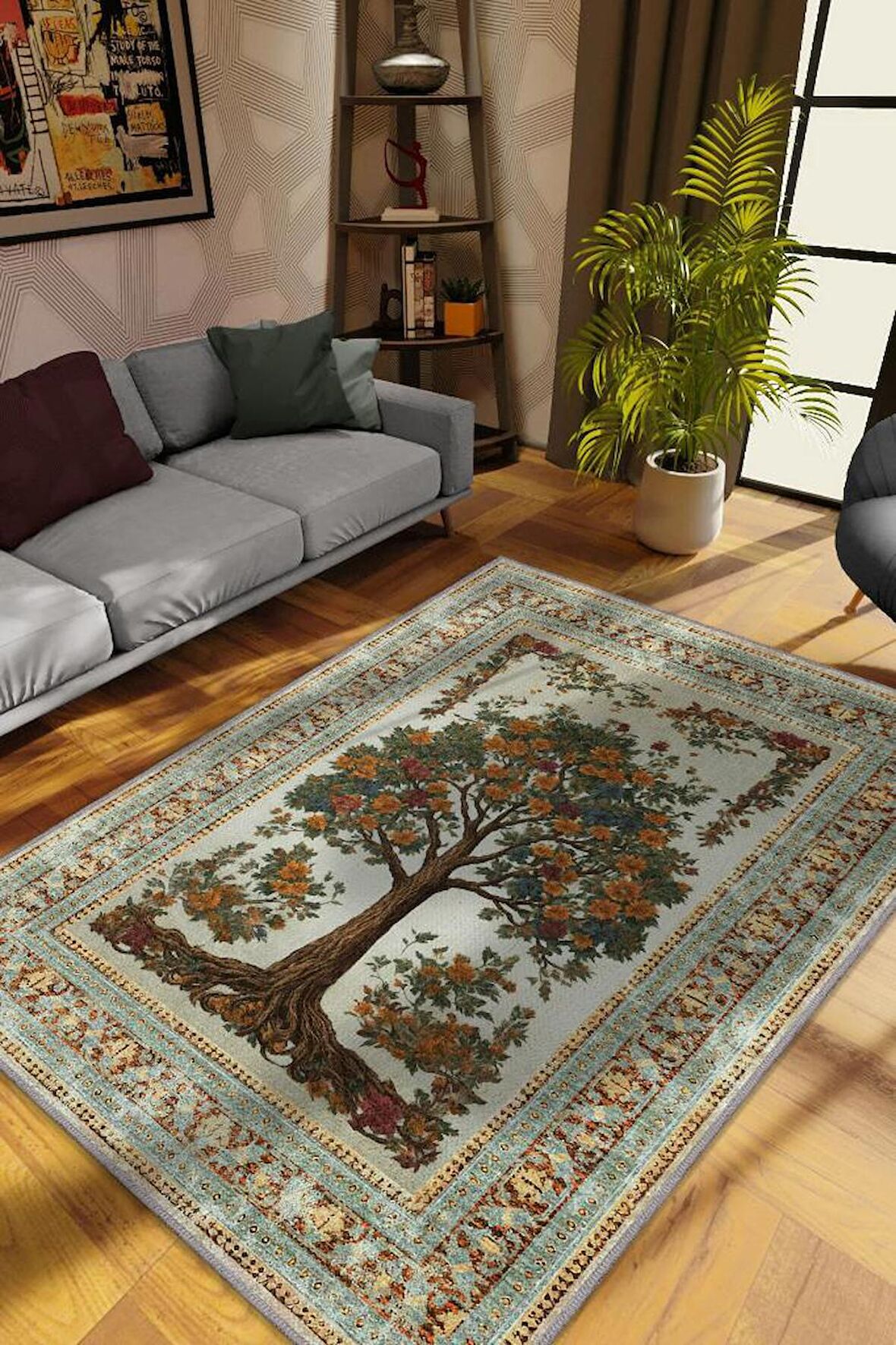 Homshtag Art Deco Meşe Ağacı Vintage Halı Görünümlü Dijital Baskı Çok Renkli Halı, Dekoratif Rustik Çiçekli Halı
