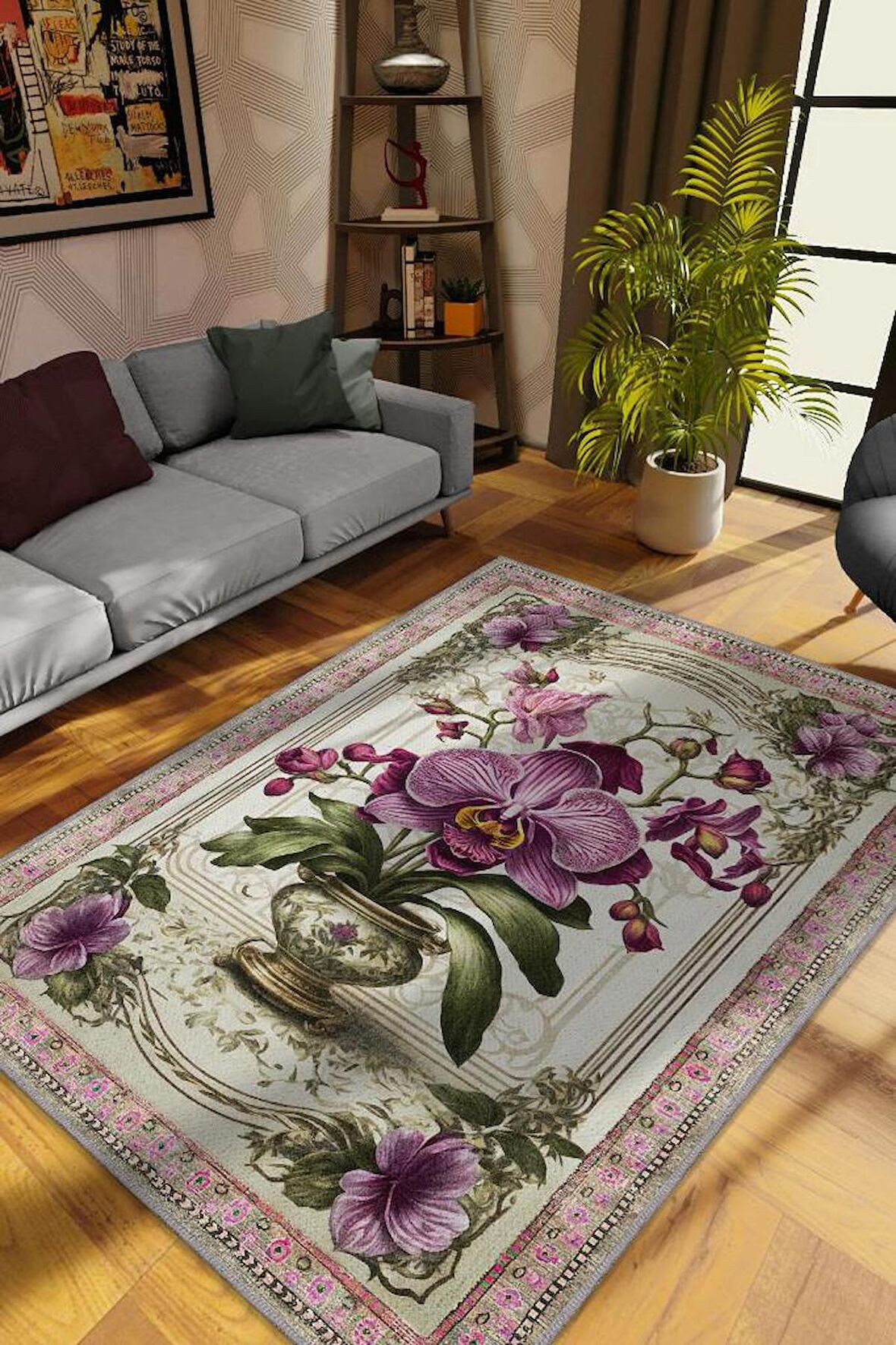 Homshtag Art Deco Orkide Çiçeği Vintage Halı Görünümlü Dijital Baskı Çok Renkli Halı, Dekoratif Rustik Çiçekli Halı