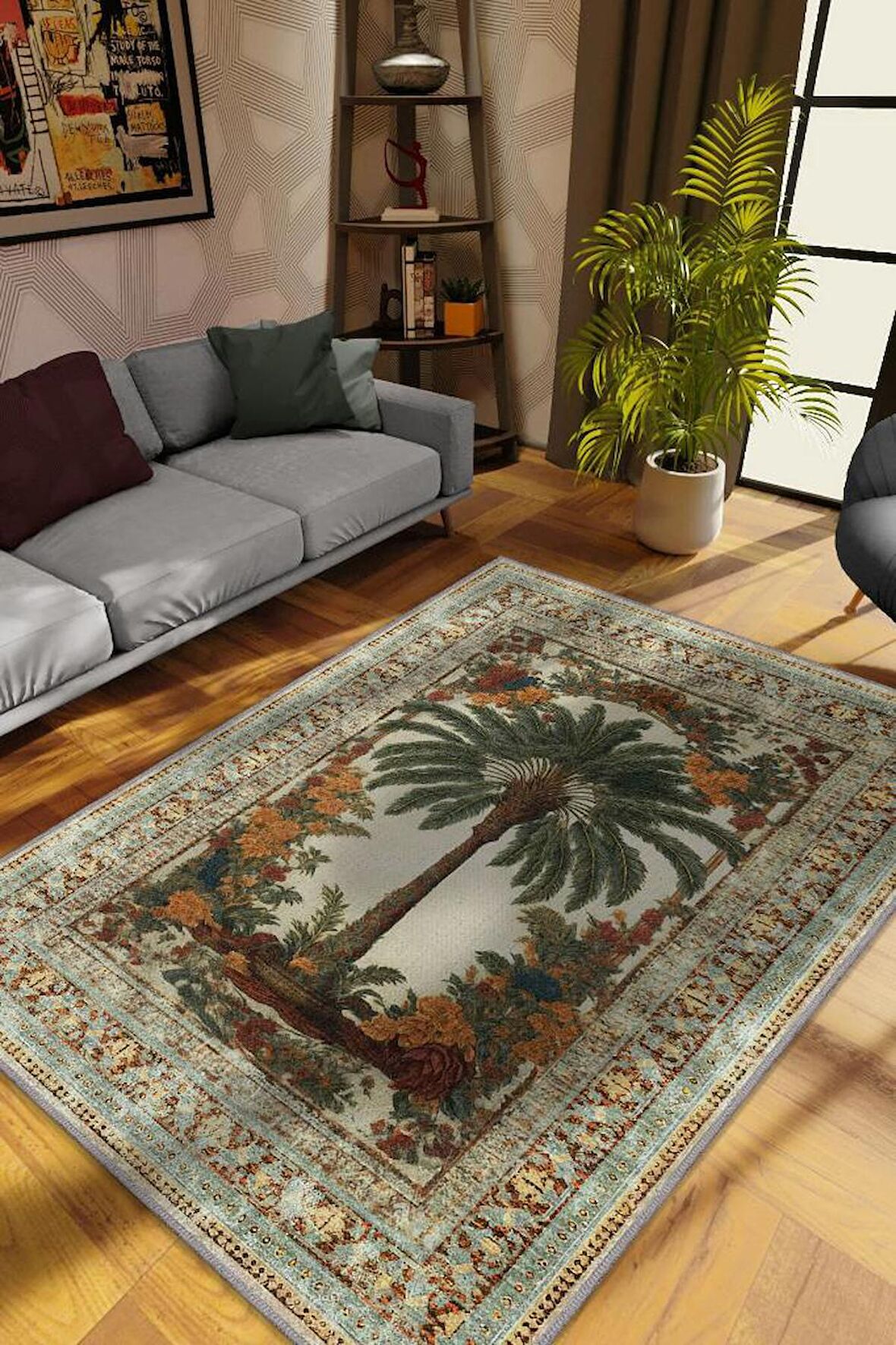 Homshtag Art Deco Palmiye Ağacı Vintage Halı Görünümlü Dijital Baskı Çok Renkli Halı, Dekoratif Rustik Çiçekli Halı