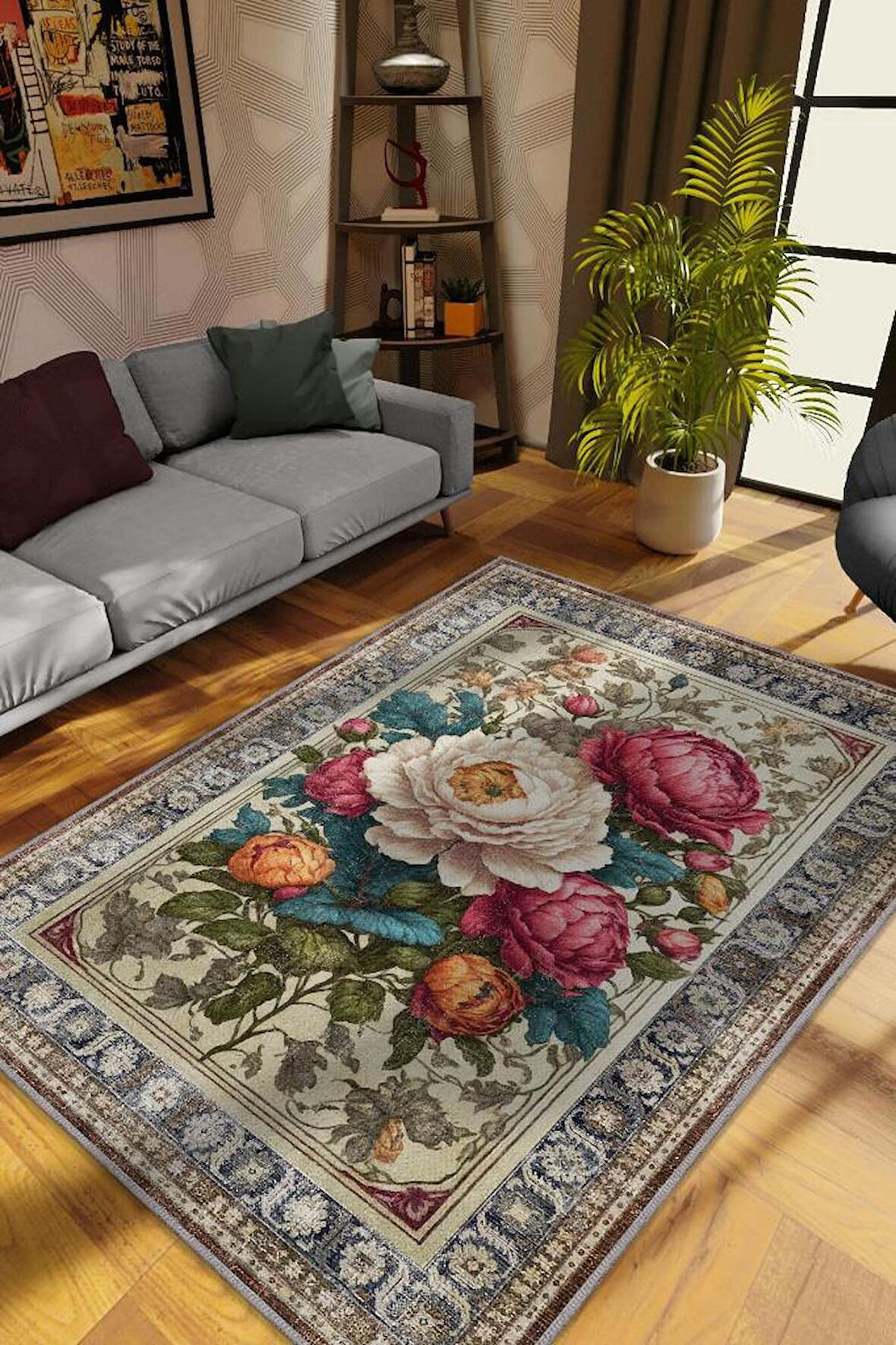 Homshtag Art Deco Şakayık Çiçeği Vintage Halı Görünümlü Dijital Baskı Çok Renkli Halı, Dekoratif Rustik Çiçekli Halı