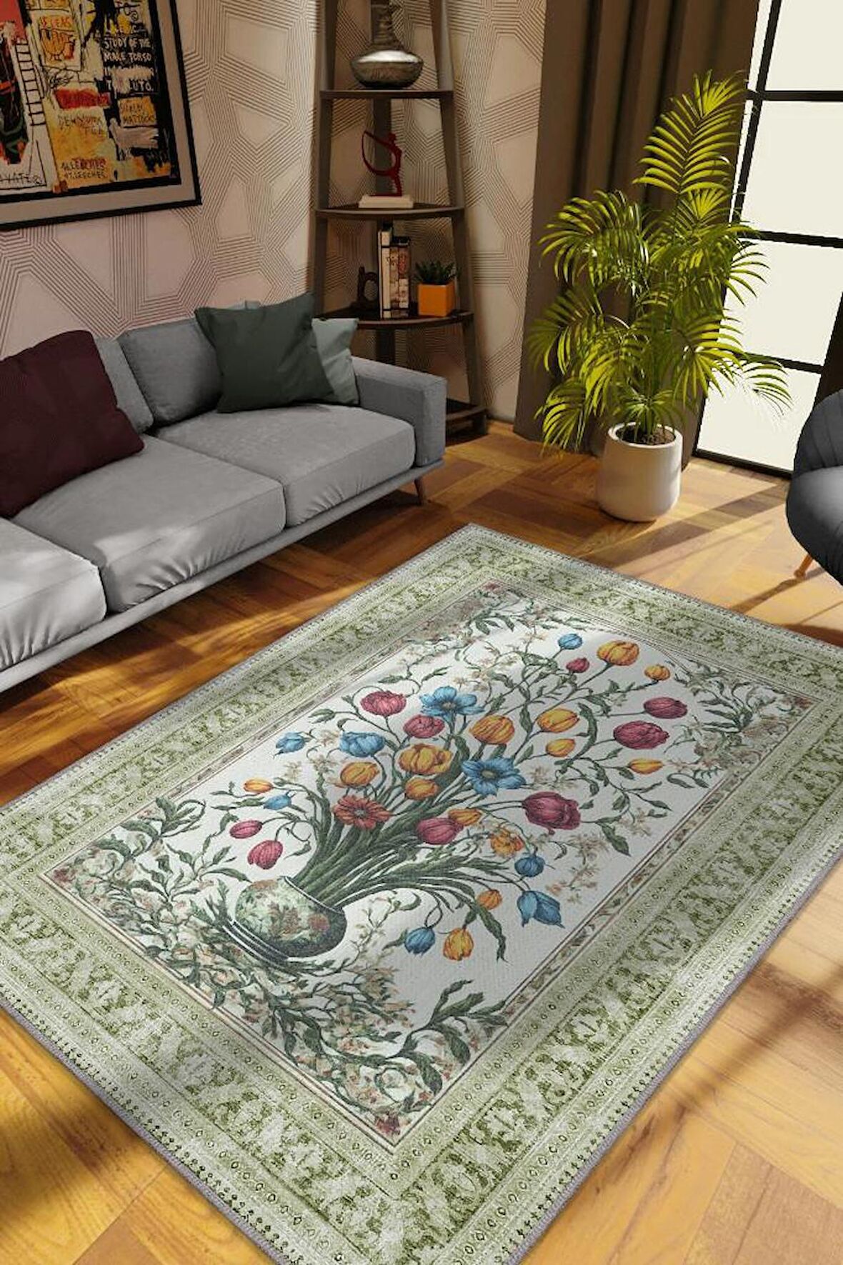 Homshtag Art Deco Tomurcuk Çiçeği Vintage Halı Görünümlü Dijital Baskı Çok Renkli Halı, Dekoratif Rustik Çiçekli Halı