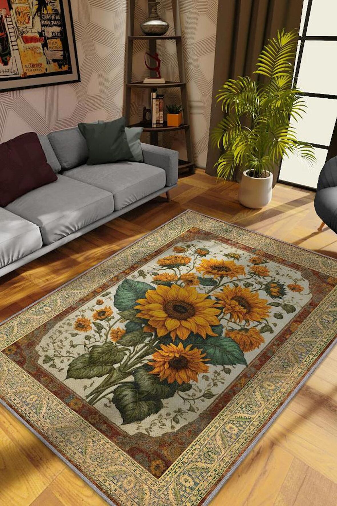 Homshtag Art Deco Ay Çiçeği Vintage Halı Görünümlü Dijital Baskı Çok Renkli Halı, Dekoratif Rustik Çiçekli Halı