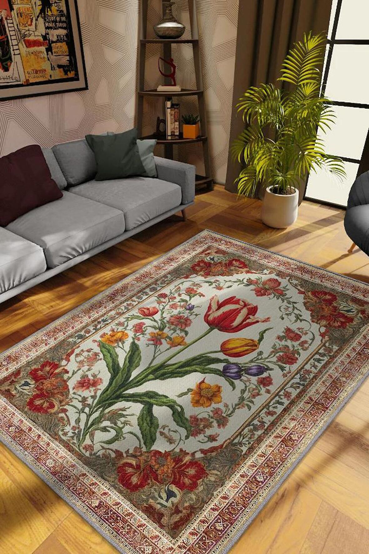 Homshtag Art Deco Lale Çiçeği Vintage Halı Görünümlü Dijital Baskı Çok Renkli Halı, Dekoratif Rustik Çiçekli Halı