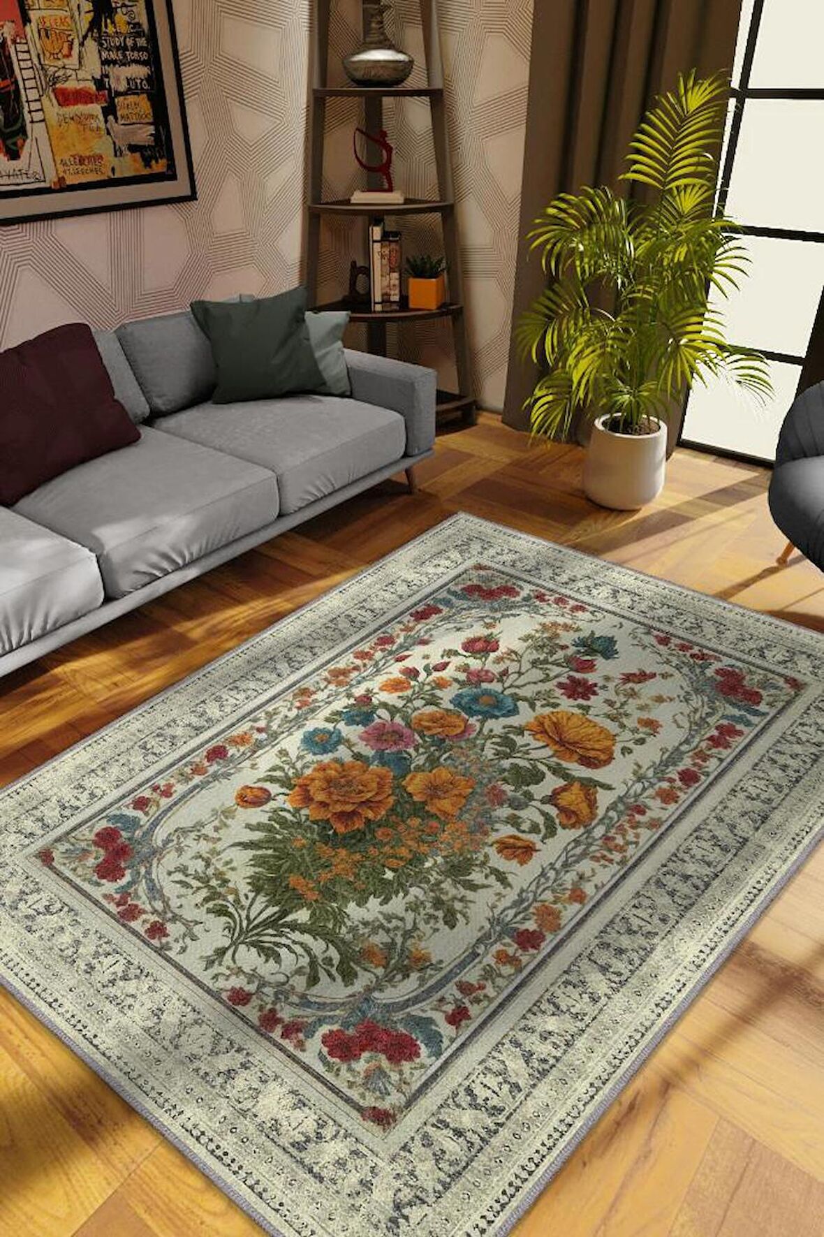 Homshtag Art Deco Kır Çiçeği Vintage Halı Görünümlü Dijital Baskı Çok Renkli Halı, Dekoratif Rustik Çiçekli Halı