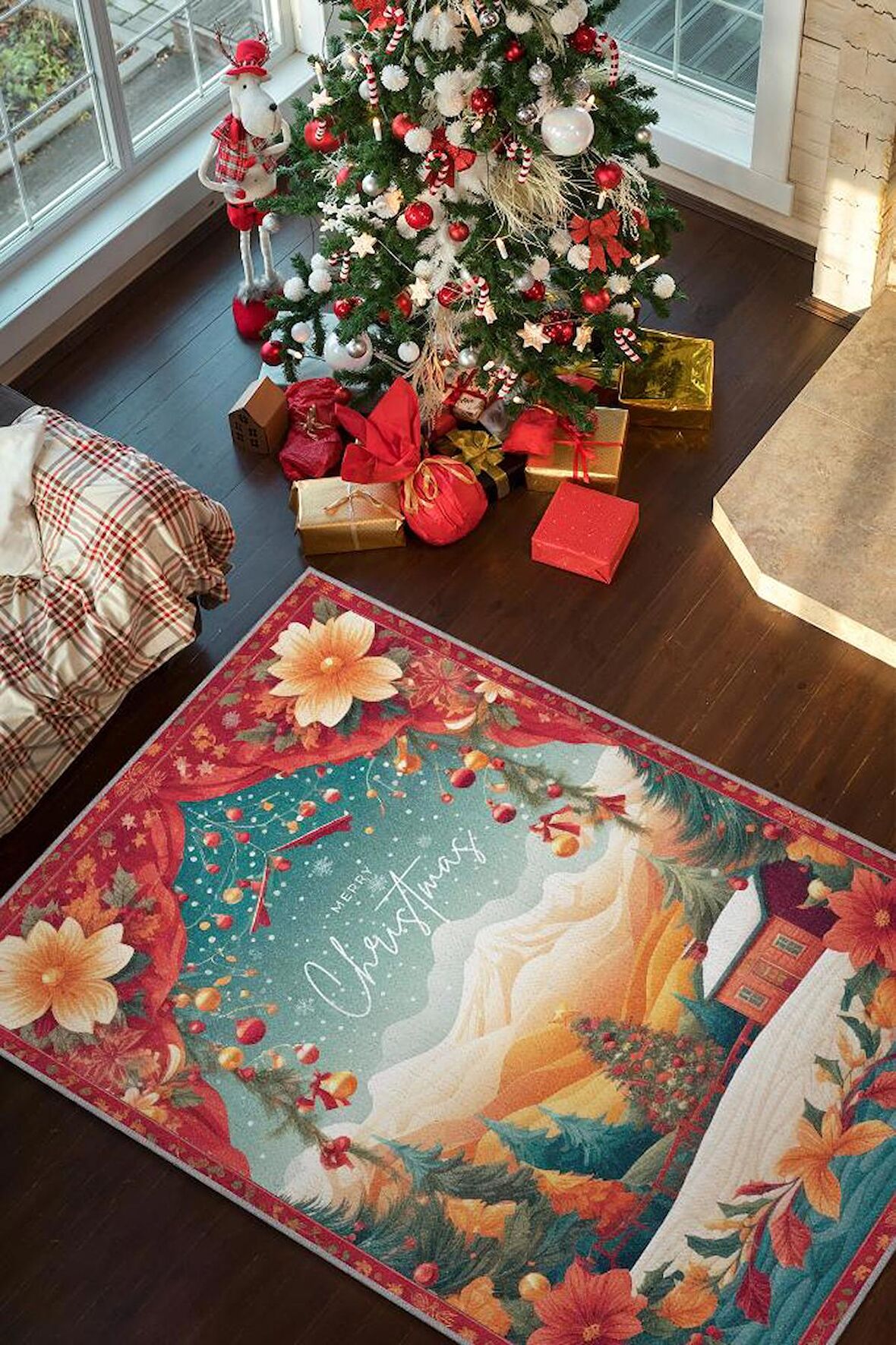 Homshtag Yeni Yıl Temalı Halı Çok Renkli Yeni Yıl Parti Halısı Yılbaşı Temalı Hediyelik Halı