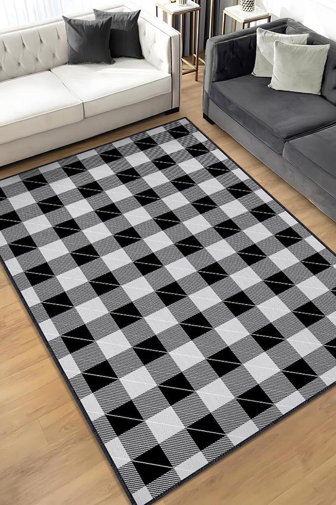 Homshtag Ekose Desenli Halı Siyah Beyaz Renkli Salon Halısı Tasarım Halı Hasır Görünümlü Ekose Halı 