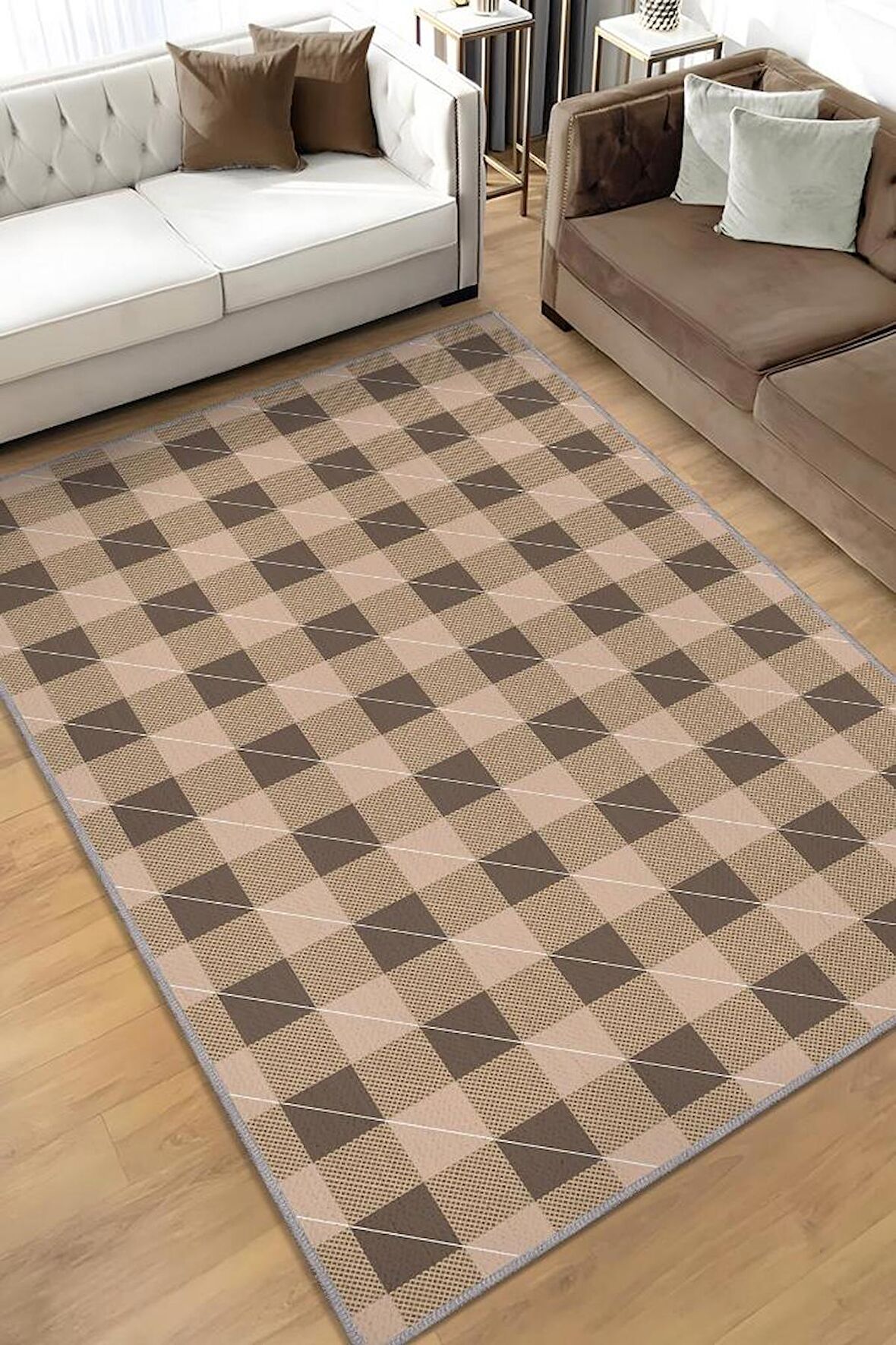 Homshtag Ekose Desenli Halı Kahve Krem Renk Salon Halısı Tasarım Halı Hasır Görünümlü Ekose Halı 
