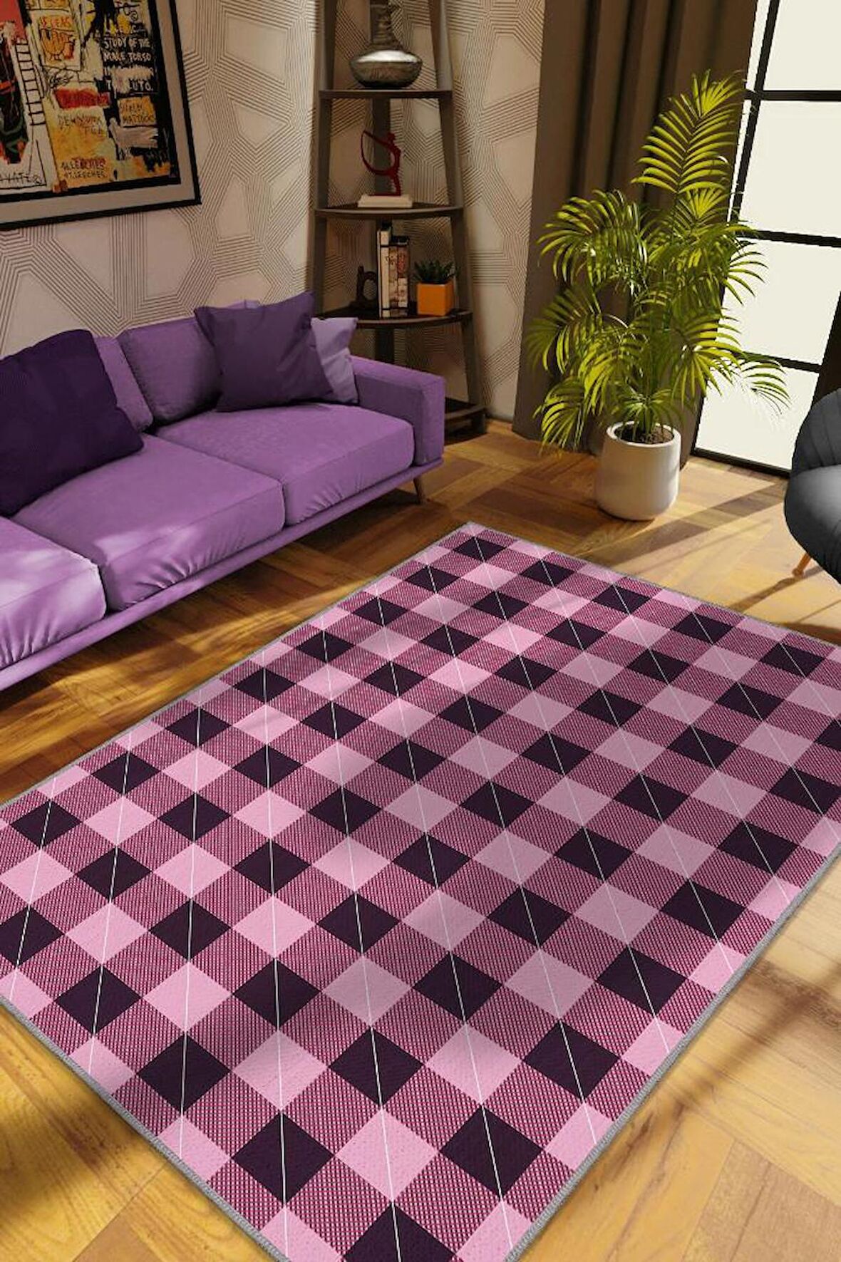 Homshtag Ekose Desenli Halı Pembe Siyah Renk Salon Halısı Tasarım Halı Hasır Görünümlü Ekose Halı 