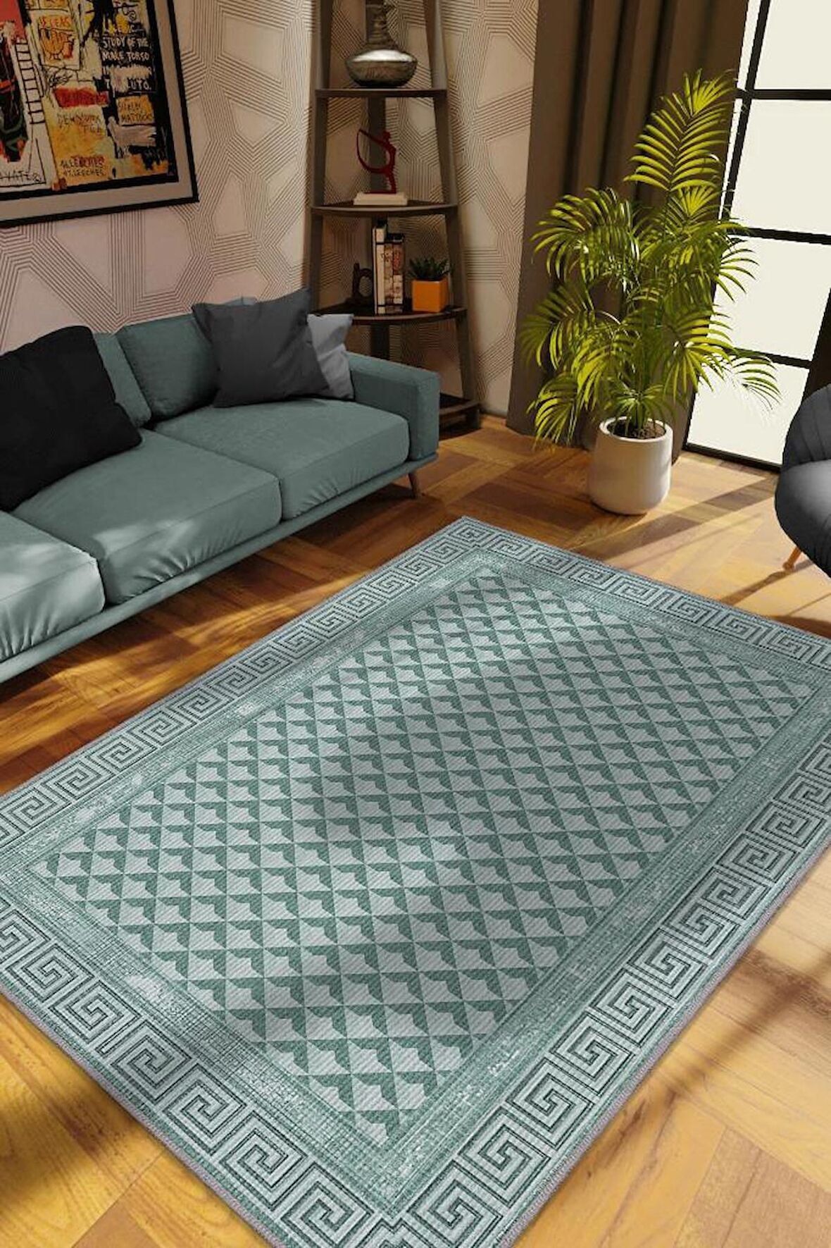 Homshtag Etnik Desenli Yeşil Renkli Halı Vintage Bordürlü Halı Geometrik Desenli Dijital Baskı Halı