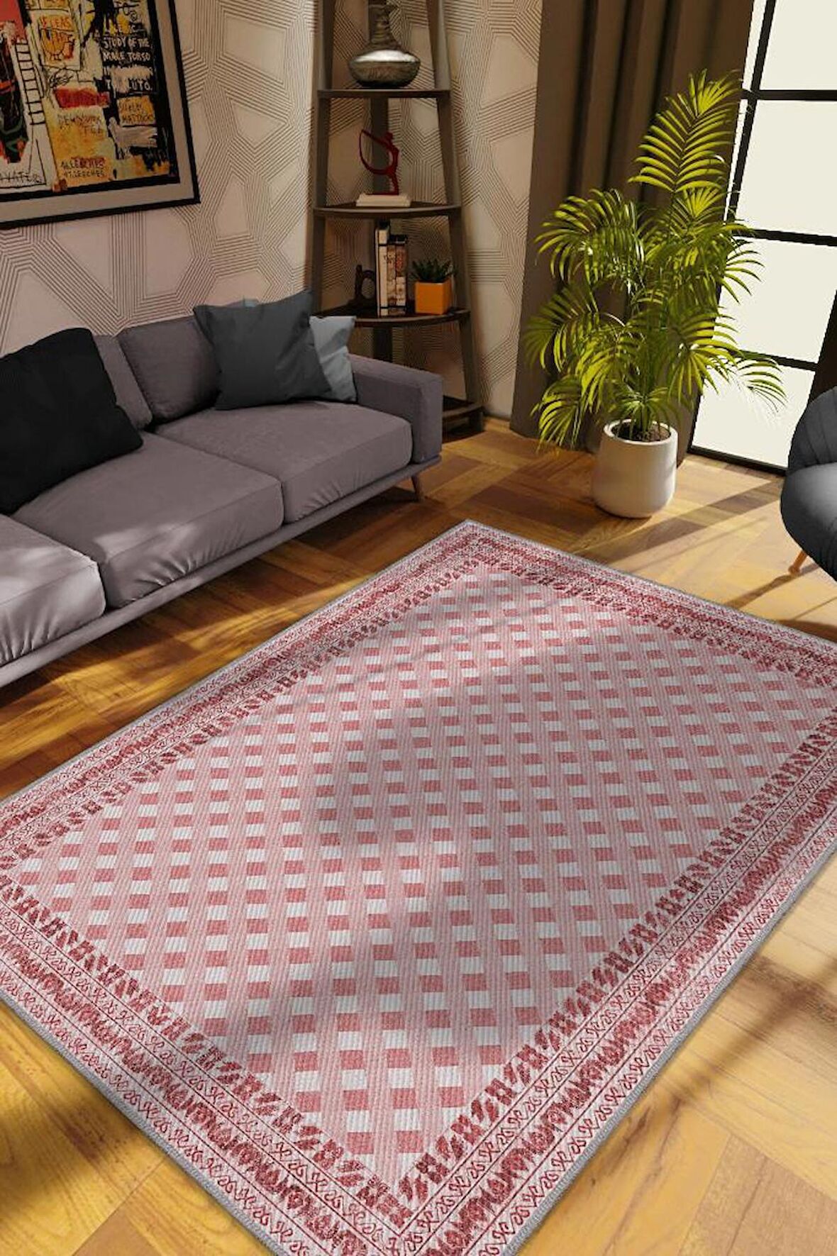 Homshtag Etnik Desenli Pembe Renkli Halı Vintage Bordürlü Halı Geometrik Desenli Dijital Baskı Halı