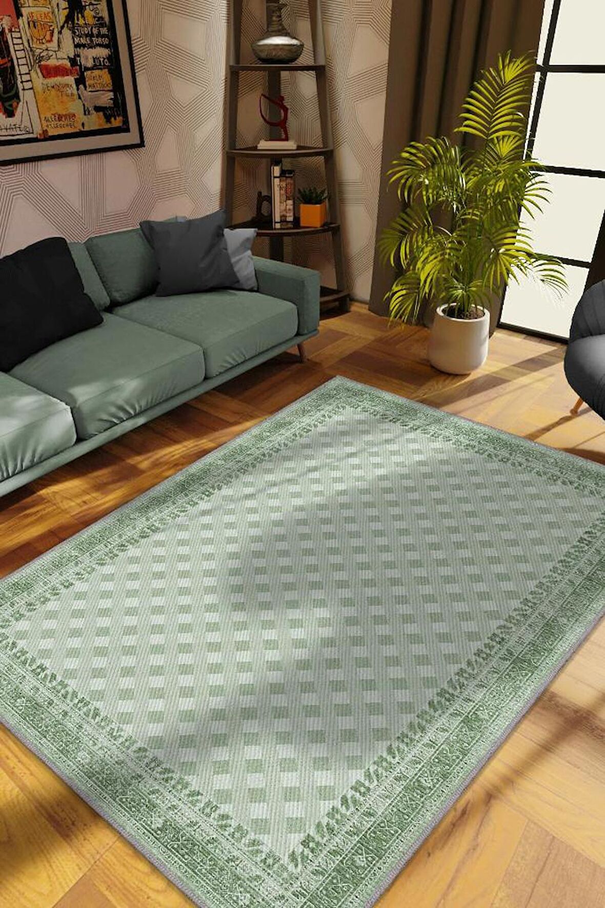 Homshtag Etnik Desenli Yeşil Renkli Halı Vintage Bordürlü Halı Geometrik Desenli Dijital Baskı Halı