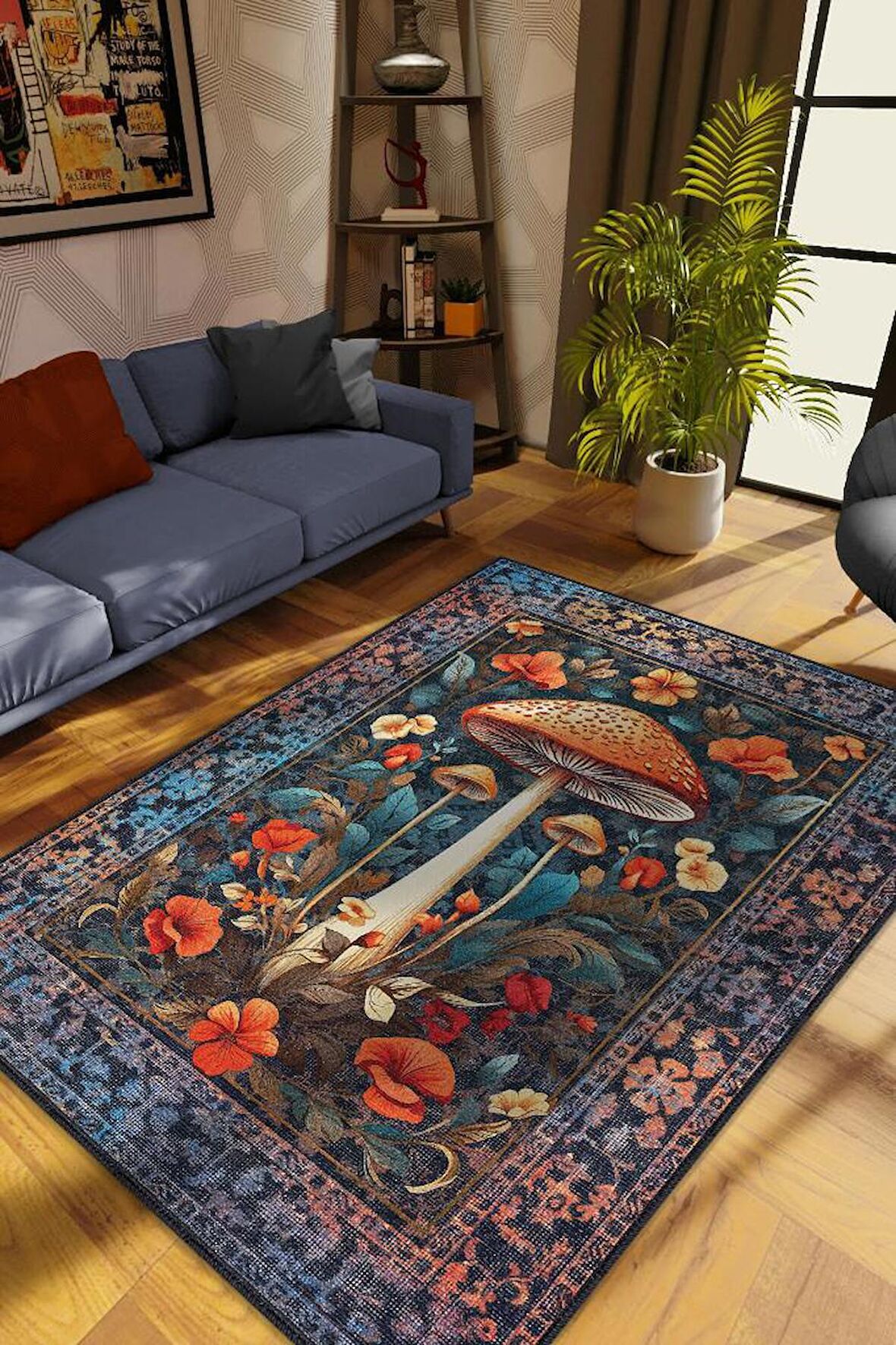 Homshtag Art Deco Mantar Vintage Halı Görünümlü Dijital Baskı Renkli Halı Rustik Çiçekli Halı