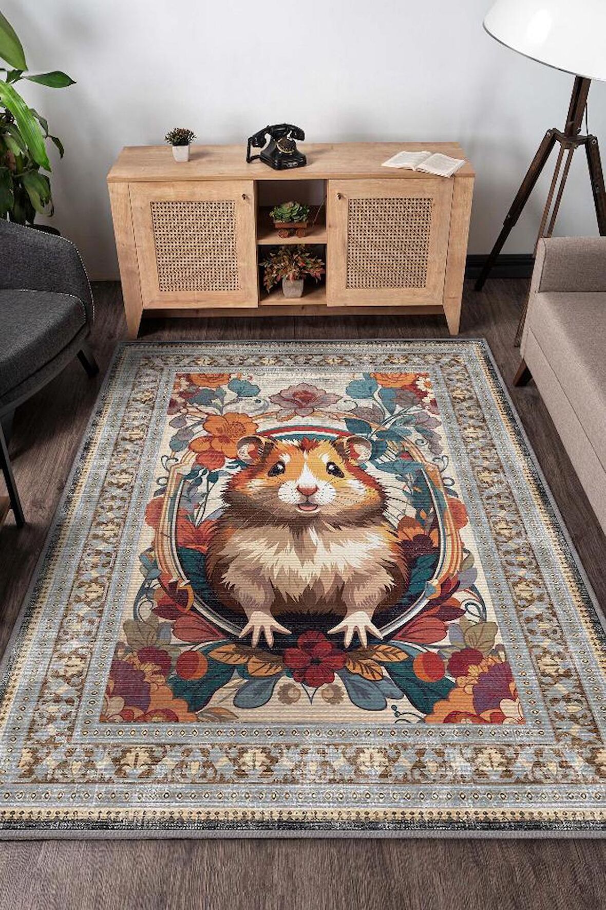 Homshtag Nuh'un Gemisi Koleksiyonu Hamster Çiçek Desenli Temalı Vintage Renkli Maksimalist Halı