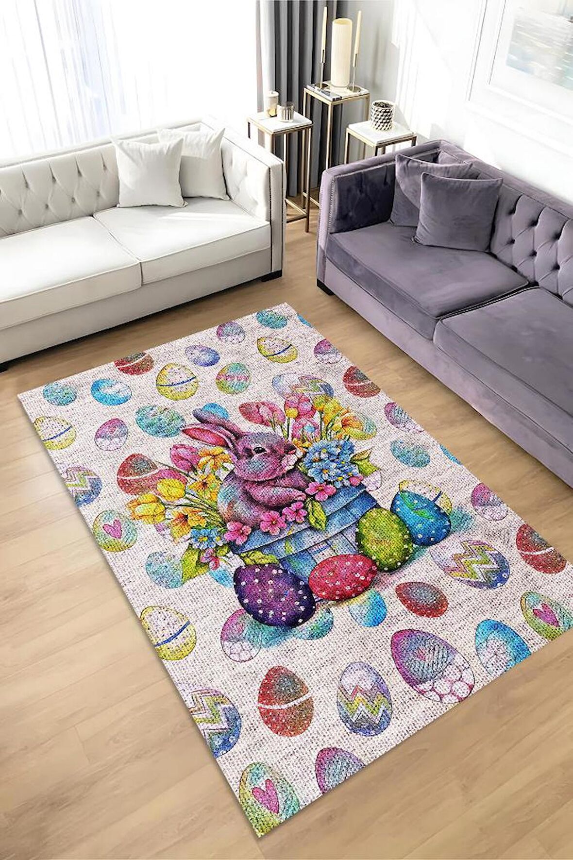 Homshtag Çocuk Odası Halısı Modern Çok Renkli Çocuk Halısı Yumurta Tavşan Figürlü Çocuk Halısı