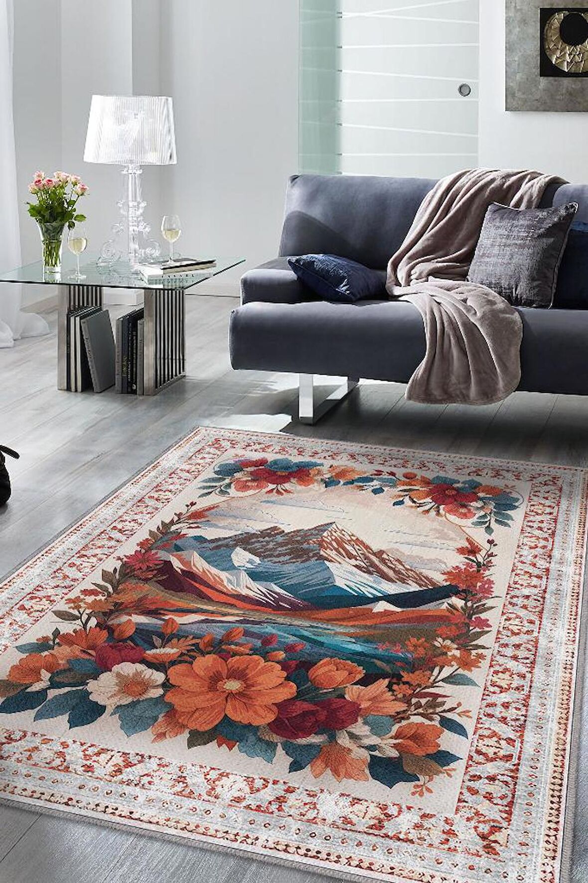Homshtag Dağ Temalı Salon Halısı Geometrik Desenli Çok Renkli Halı Etnik Desenli Oturma Odası Halısı