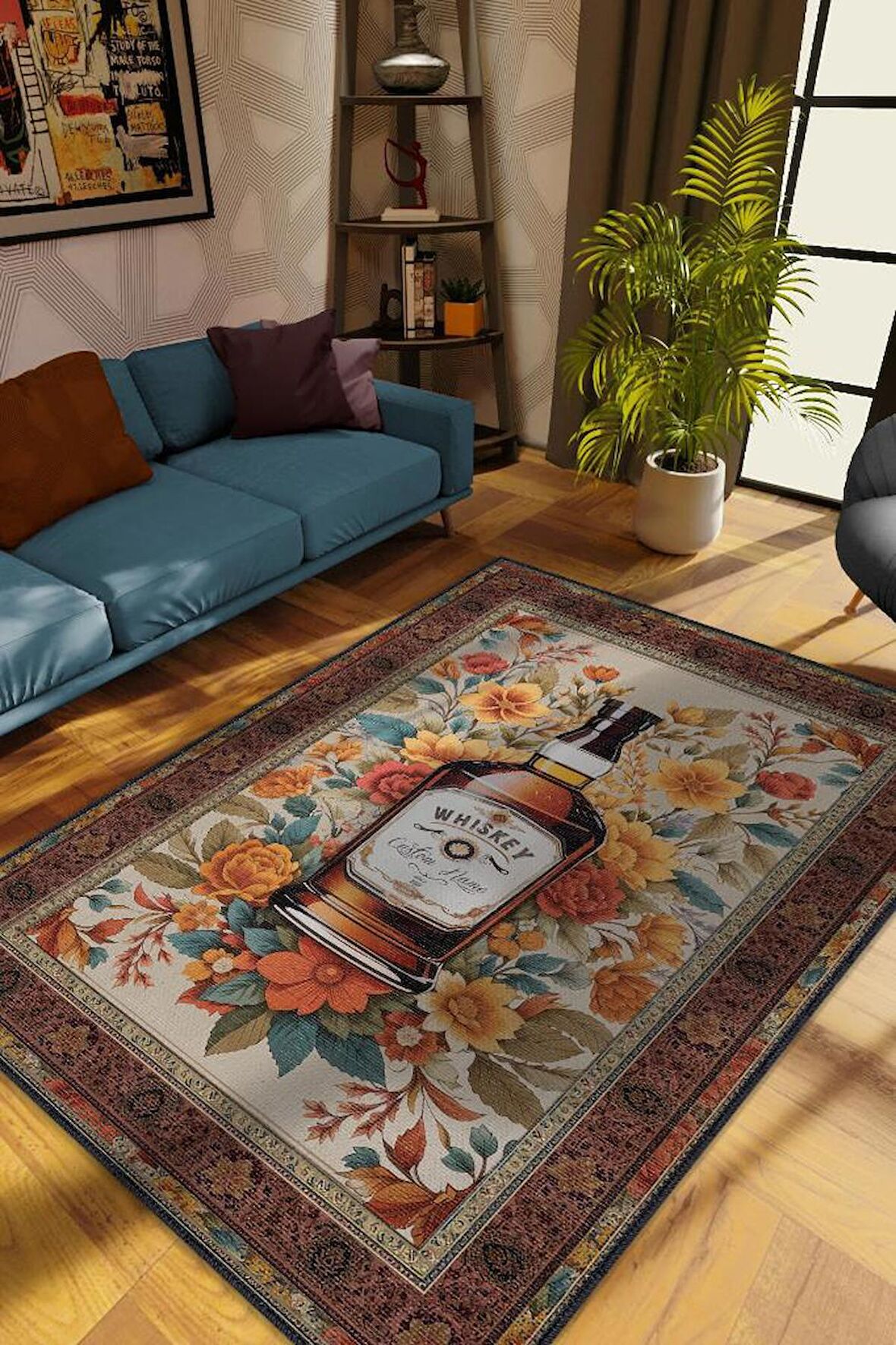 Homshtag Viski Temalı İsimli Kişiye Özel İsim Yazılabilen 14 Şubat Seviliye Özel Halı Çiçekli Halı