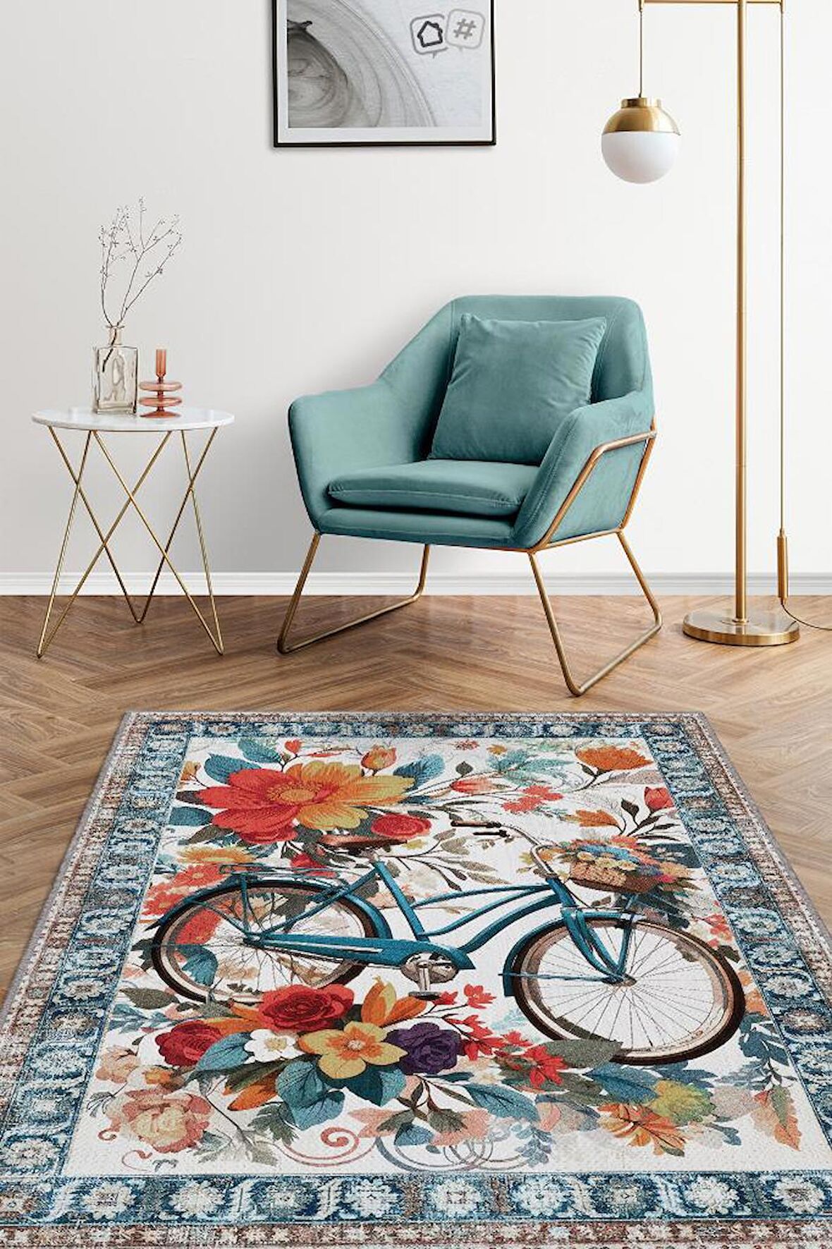 Homshtag Bisiklet Desenli Halı Çok Renkli Halı Spor Severe Hediye Halı Spor Sever İçin Çiçekli Halı