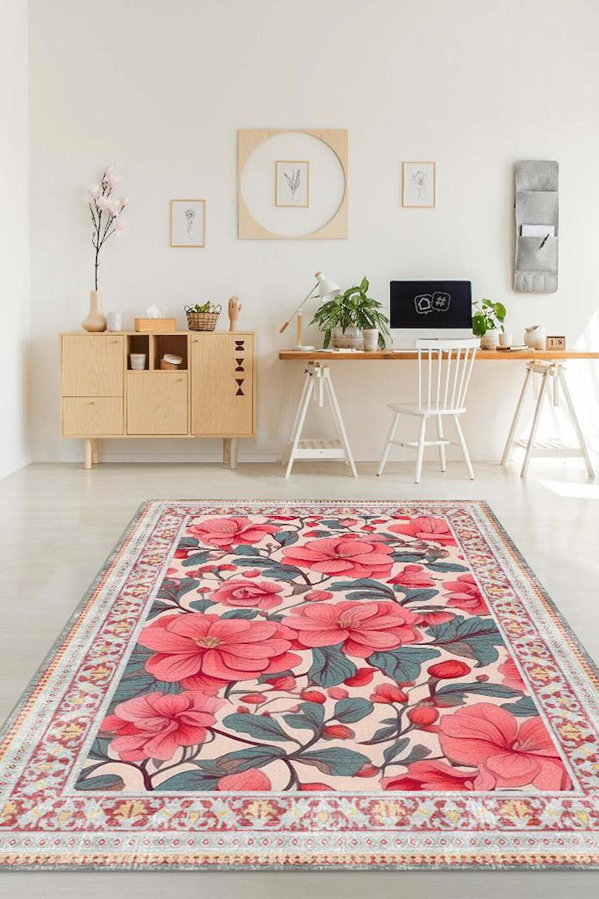 Homshtag Art Deco Begonya Vintage Halı Görünümlü Dijital Baskı Renkli Halı Rustik Çiçekli Halı