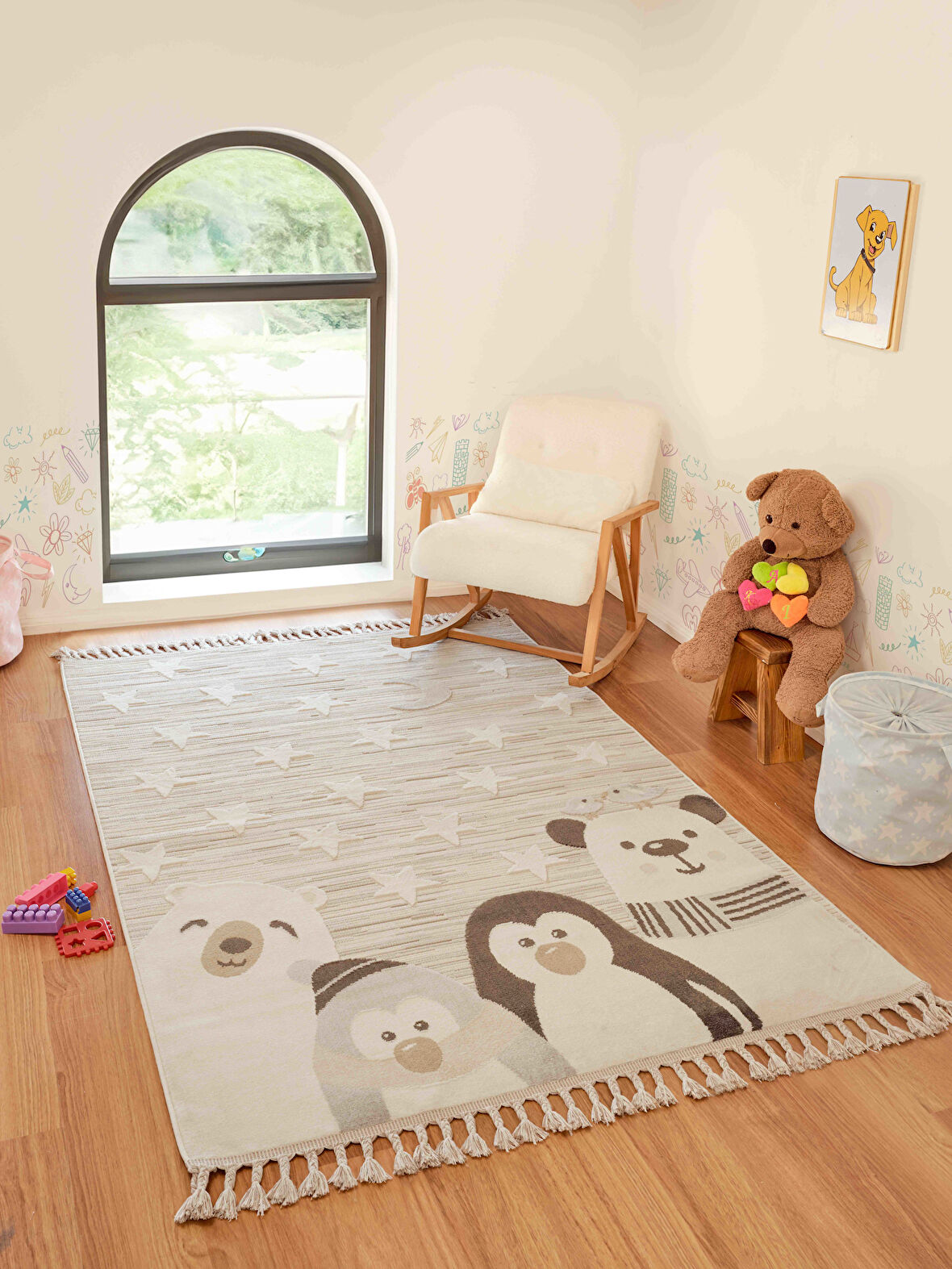Bercario Kids 9271 Yıldızlı Hayvan Figürlü Dokuma Çocuk Odası Yumuşak Bebek Odası Halısı