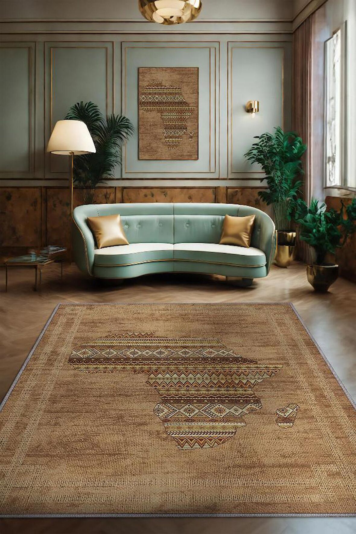 Homshtag Art Deko Vintage Afrikalı Temalı Kahverengi Renk Etnik Halı Bordürlü Afrika Haritası Halısı