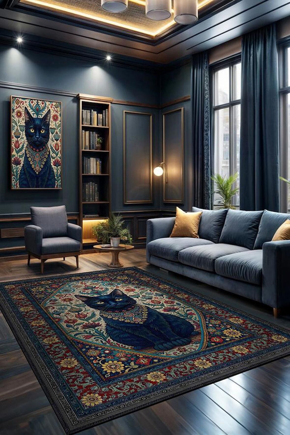 Homshtag Kara Kedi Figürlü Korku Temalı Salon Halı Koyu Renkli Halı Gotik Korku Sanatı Konsept Halı