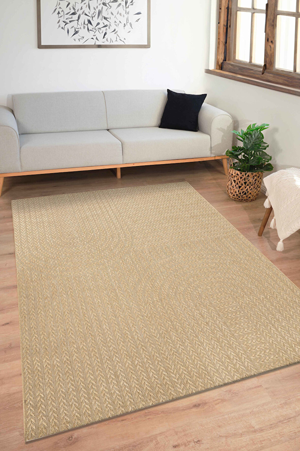 Sisaluna 4443 Bej Jüt Tabanlı Modern Dokuma Kilim Sisal Hasır Halı