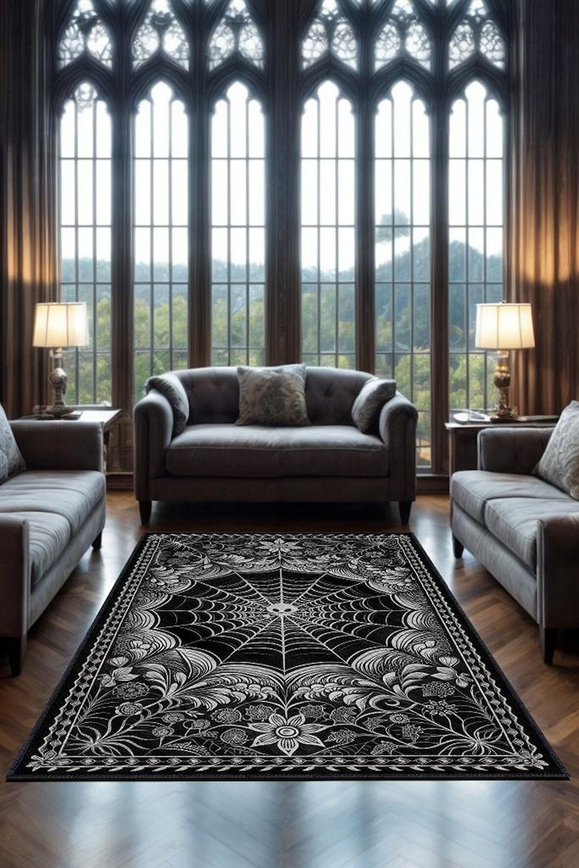 Homshtag Gotik Örümcek Ağı Temalı Halı Siyah Çiçekli Oturma Odası Halısı Hediyelik Örümcekli Halı