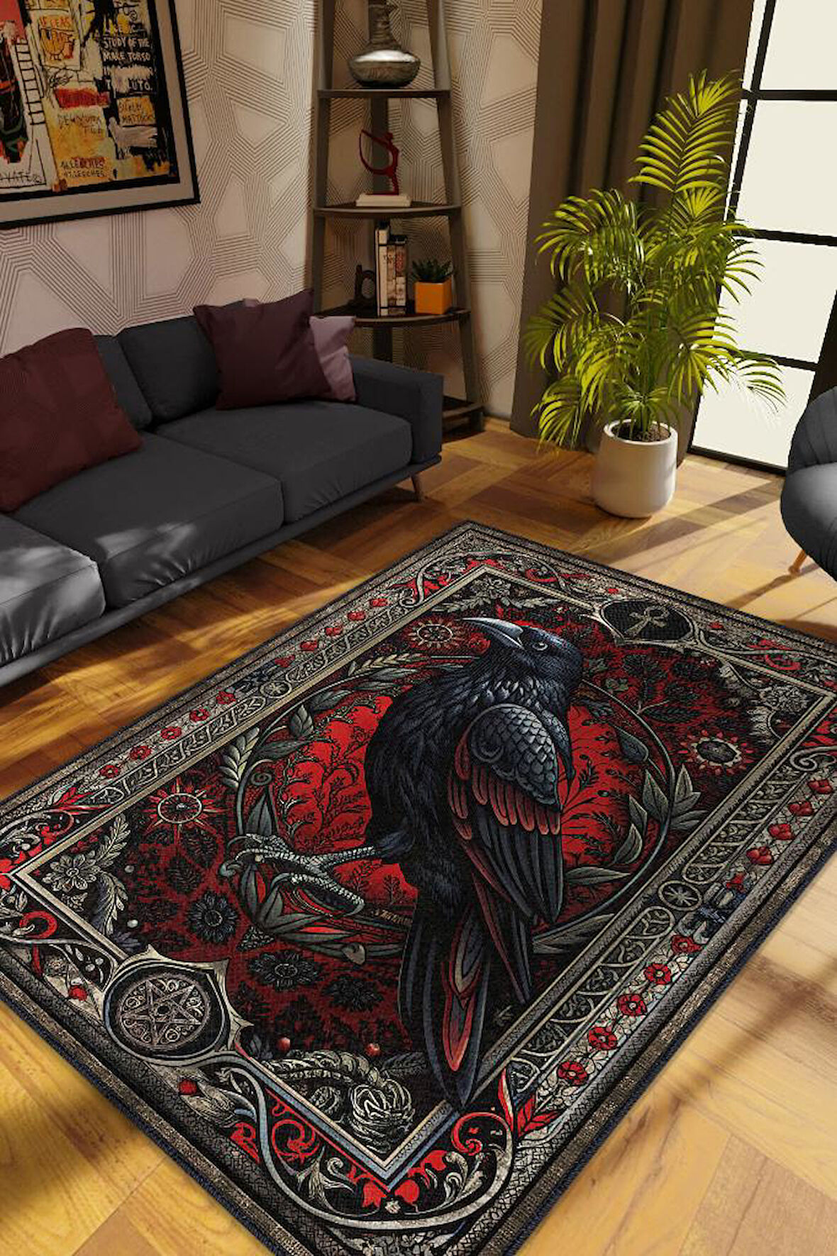 Homshtag Gotik Karga Temalı Halı Kırmızı Renkli Retro Oturma Odası Halısı Karanlık Karga Halısı