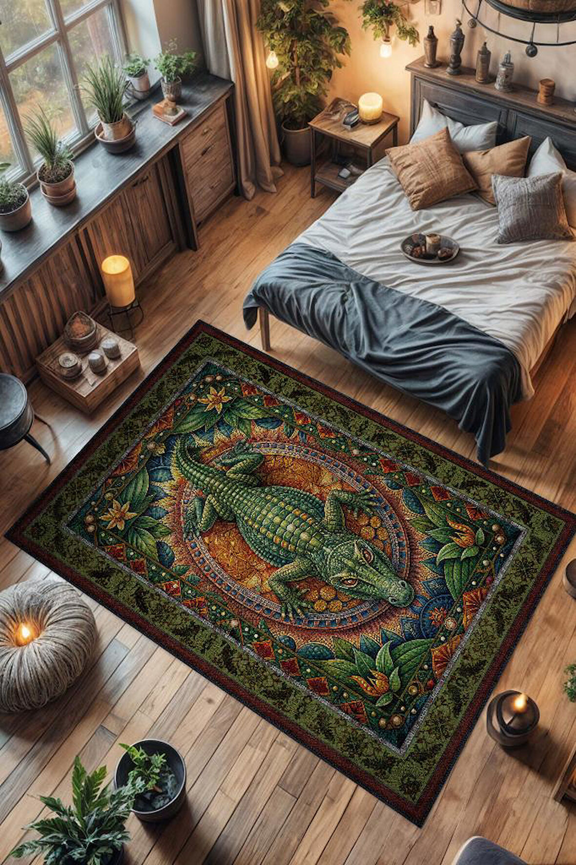 Homshtag Nuh'un Gemisi Koleksiyonu Timsah Temalı Çiçekli Yeşil Renkli Bordürlü Şık Konsept Halı