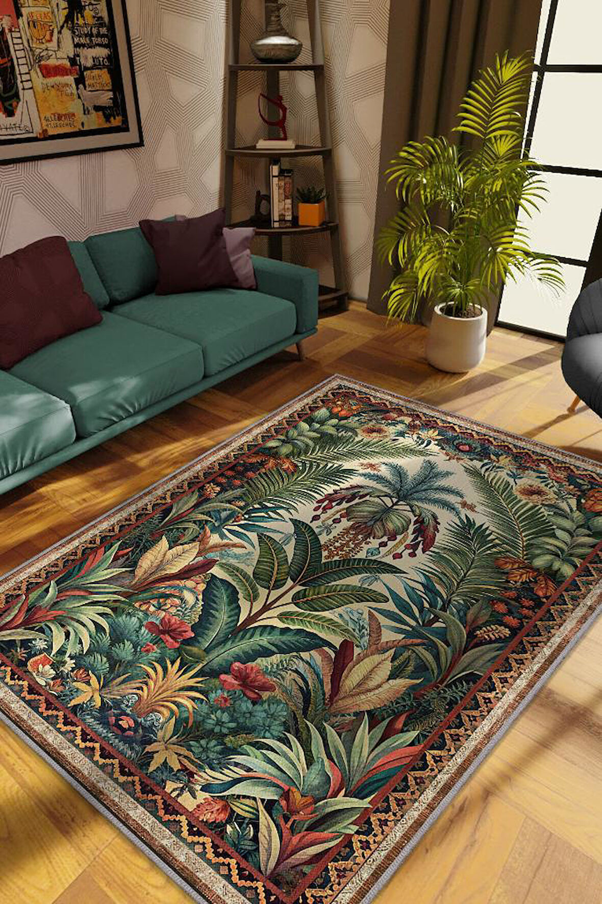 Homshtag Art Deco Botanik Orman Vintage Halı Görünümlü Dijital Baskı Yeşil Renk Rustik Çiçekli Halı