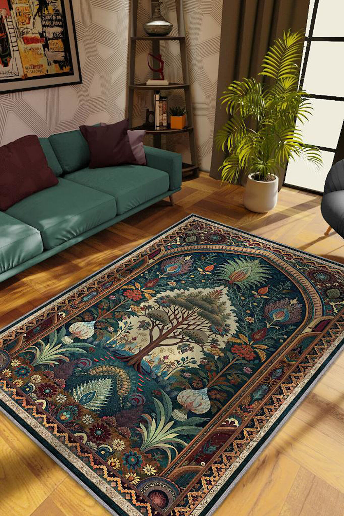 Homshtag Art Deco Etnik Bitki Vintage Halı Görünümlü Dijital Baskı Yeşil Renk Rustik Çiçekli Halı