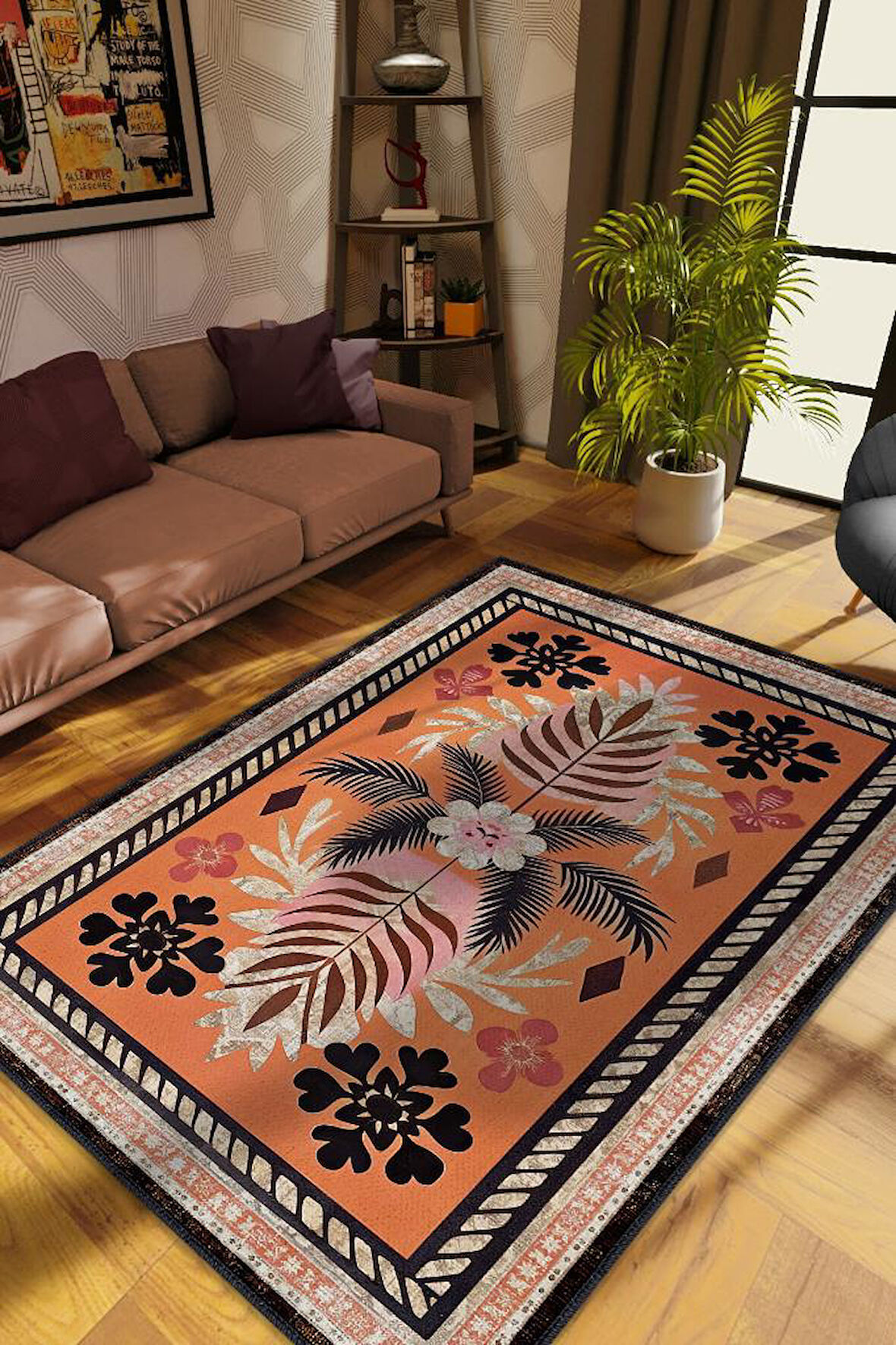 Homshtag Art Deco Bitki Temalı Turuncu Siyah Etnik Desenli Halı Dijital Baskı Rustik Çiçekli Halı