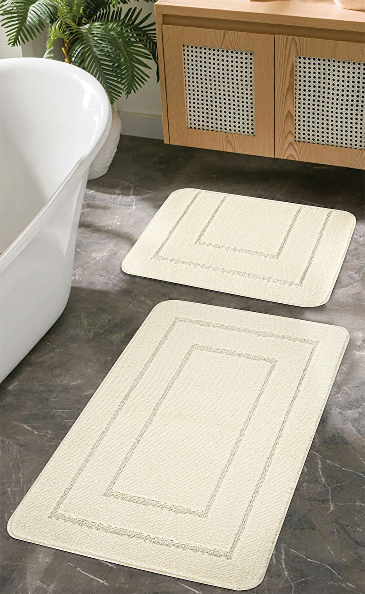 Doğal Kaymaz Taban Banyo Paspas Seti Uzun Ömürlü Yumuşak Dokulu Su Emici Yıkanabilir Çerçeve Set 50x80-50x40