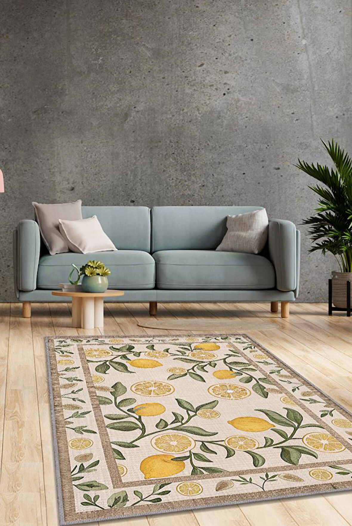 Homshtag Art Deco Limon Desenli Halı Bitki Temalı Sarı Renk Modern Limon Desenli Dijital Baskı Halı