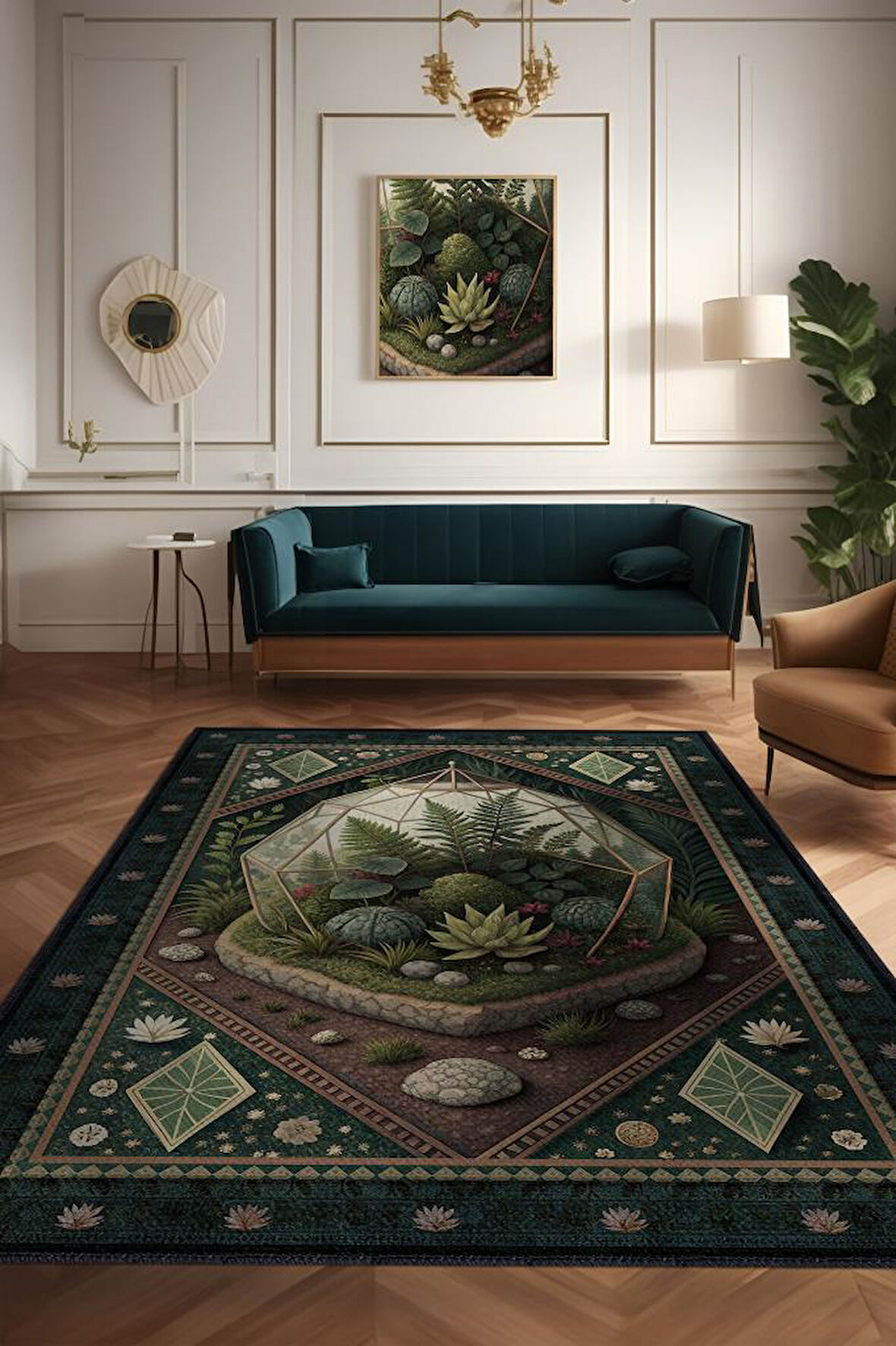 Homshtag Art Deco Teraryum Desenli Halı Bitki Temalı Yeşil Teraryum Desenli Dijital Baskı Halı