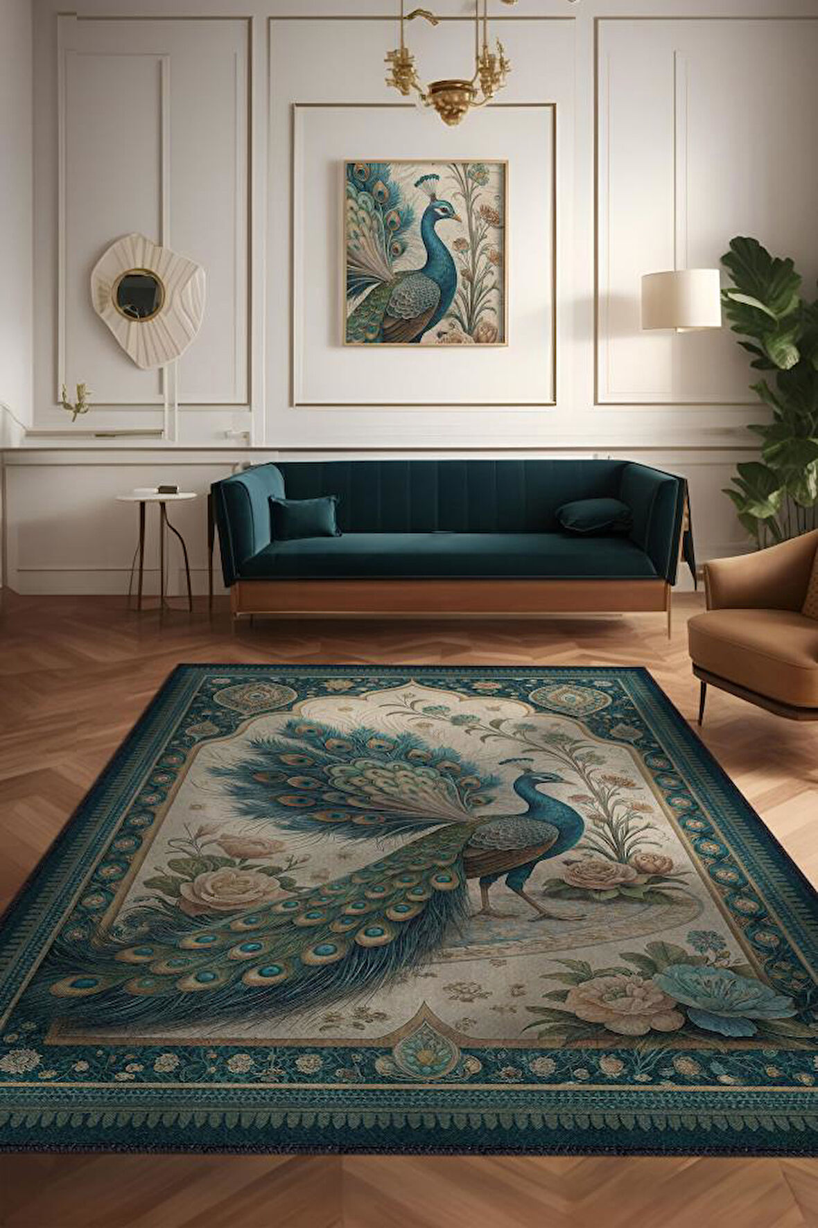 Homshtag Nuh'un Gemisi Koleksiyonu Tavuskuşu Temalı Çiçekli Çok Renkli Bordürlü Şık Konsept Halı