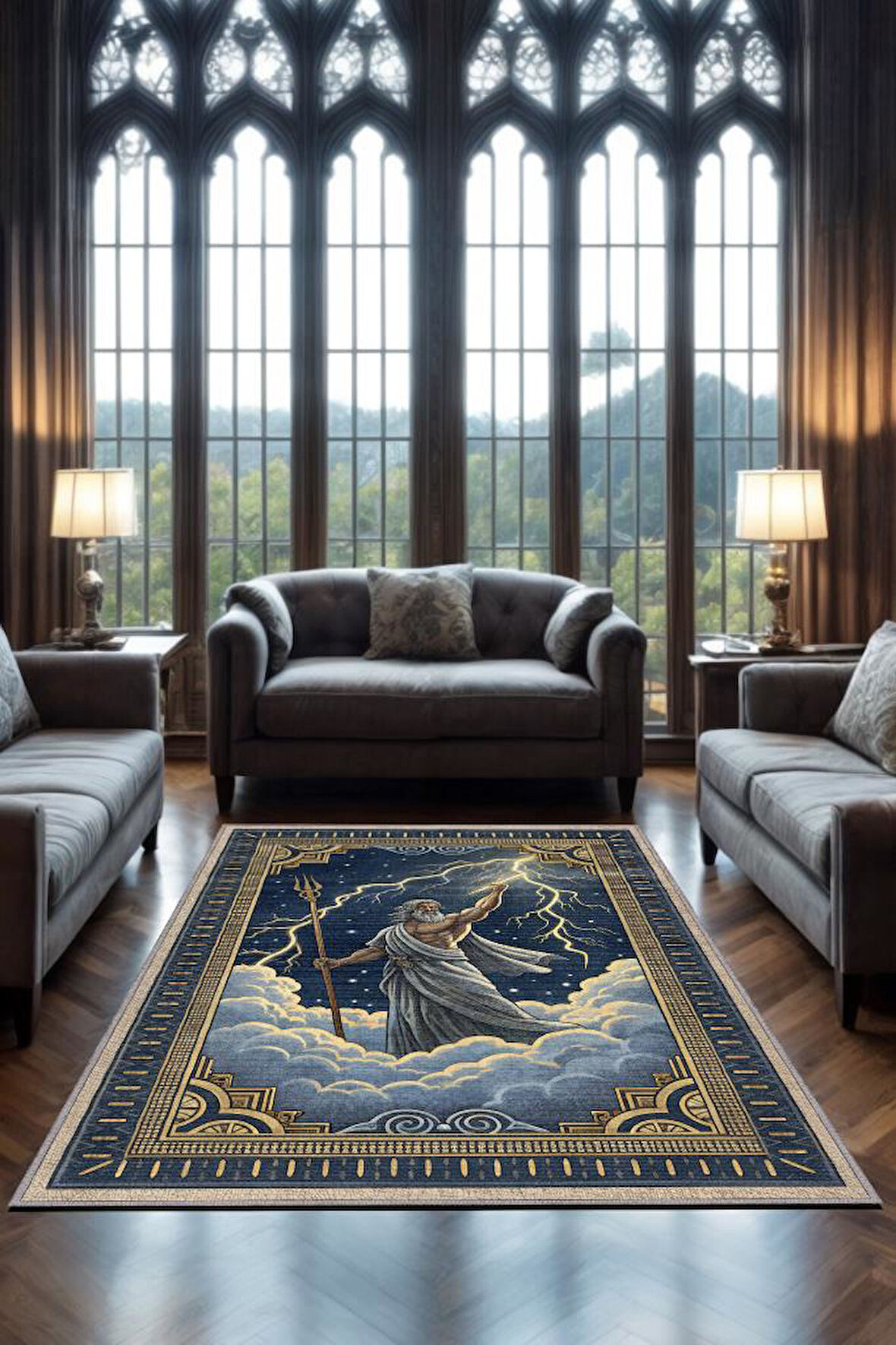 Homshtag Art Deko Renkli Zeus Temalı Mavi Renkli Halı Zeus Desenli Halı Modern Dijital Baskılı Halı