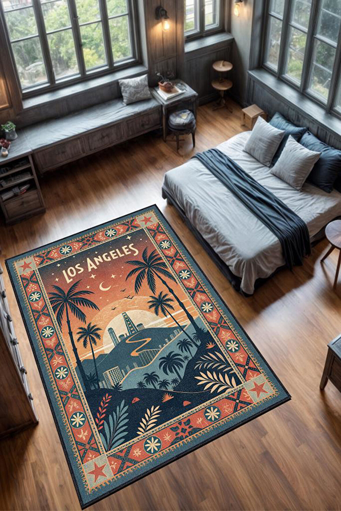 Homshtag Şehirlerde de Los Angeles Temalı Dijital Baskılı Yıkanabilir Pamuk Tabanlı Halı