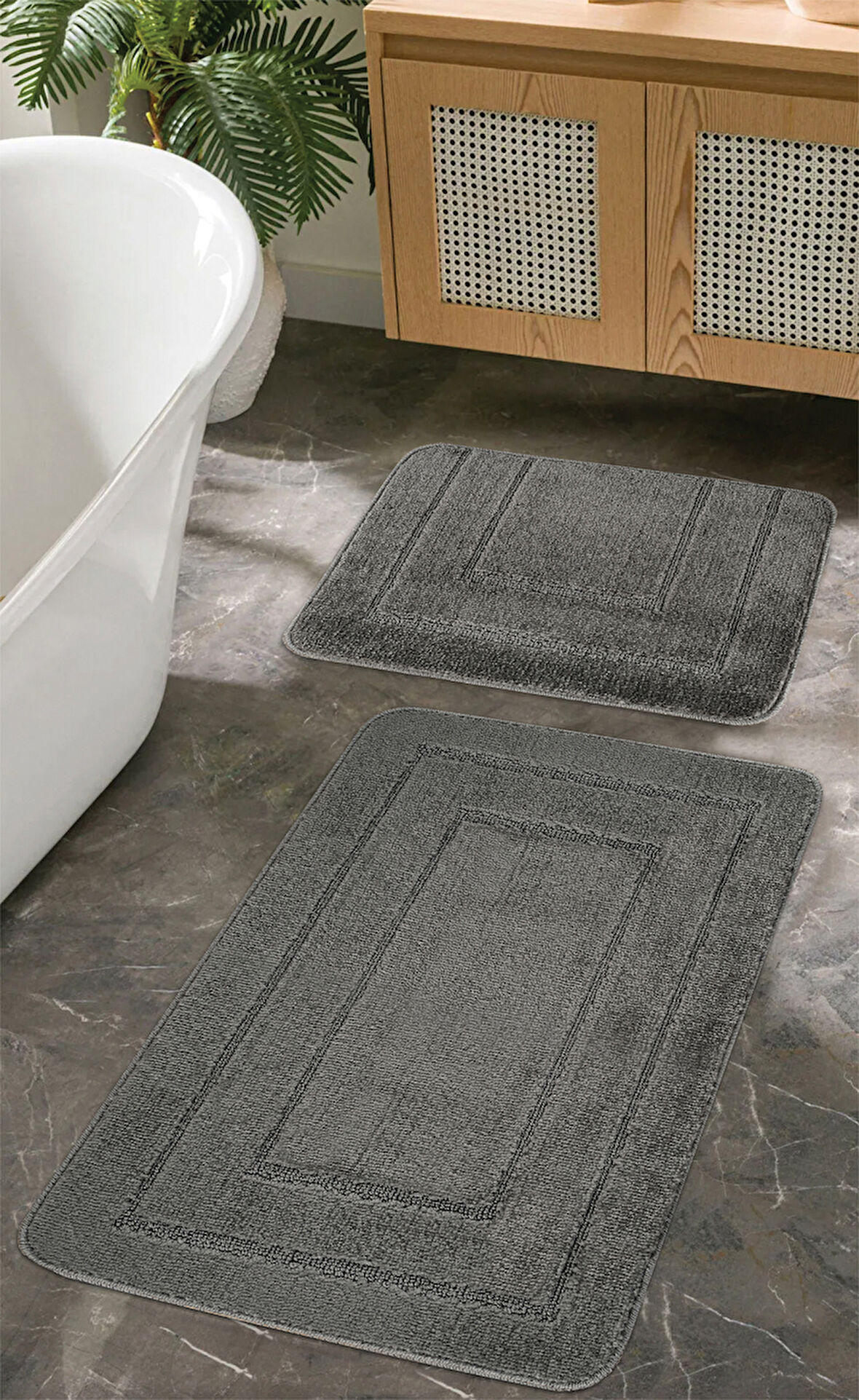 Doğal Kaymaz Taban Banyo Paspas Seti Uzun Ömürlü Yumuşak Dokulu Su Emici Yıkanabilir Çerçeve Set 50x80-50x40