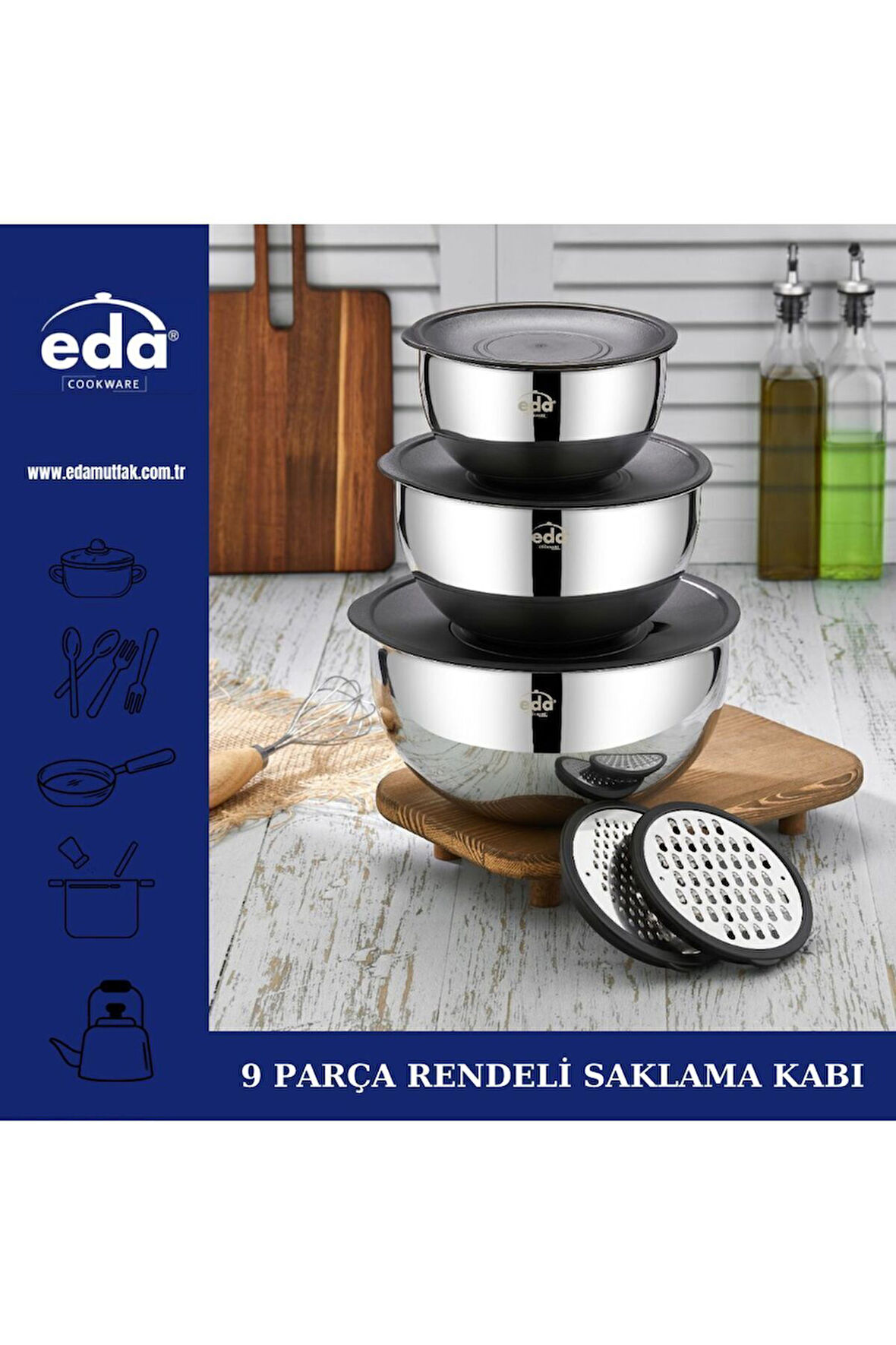 Eda paslanmaz çelik 9 parça karıştırma kabı - rendeli karıştırma saklama kabı seti