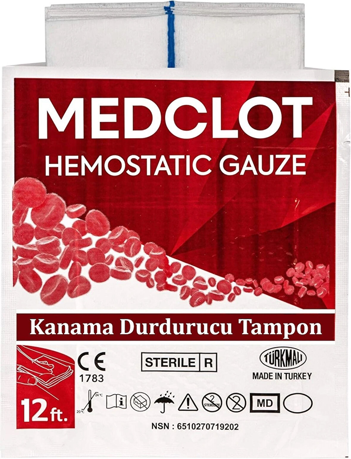 Medclot Hemostatik Kanama Durdurucu Steril Gazlı Bez Kaolin CE Sertifikalı Spanç Pansuman Bandaj Acil Durum İlk Yardım Kanama Kontrolü 7,5 x 365 cm