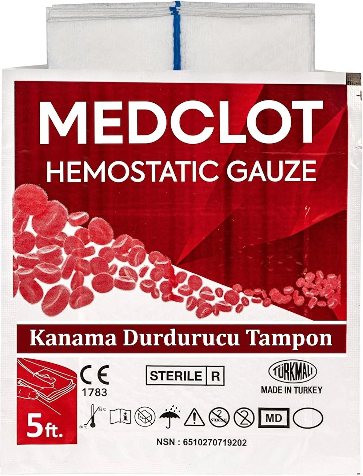 Medclot Hemostatik Kanama Durdurucu Steril Gazlı Bez Kaolin CE Sertifikalı Spanç Pansuman Bandaj Acil Durum İlk Yardım Kanama Kontrolü 7,5 x 152 cm