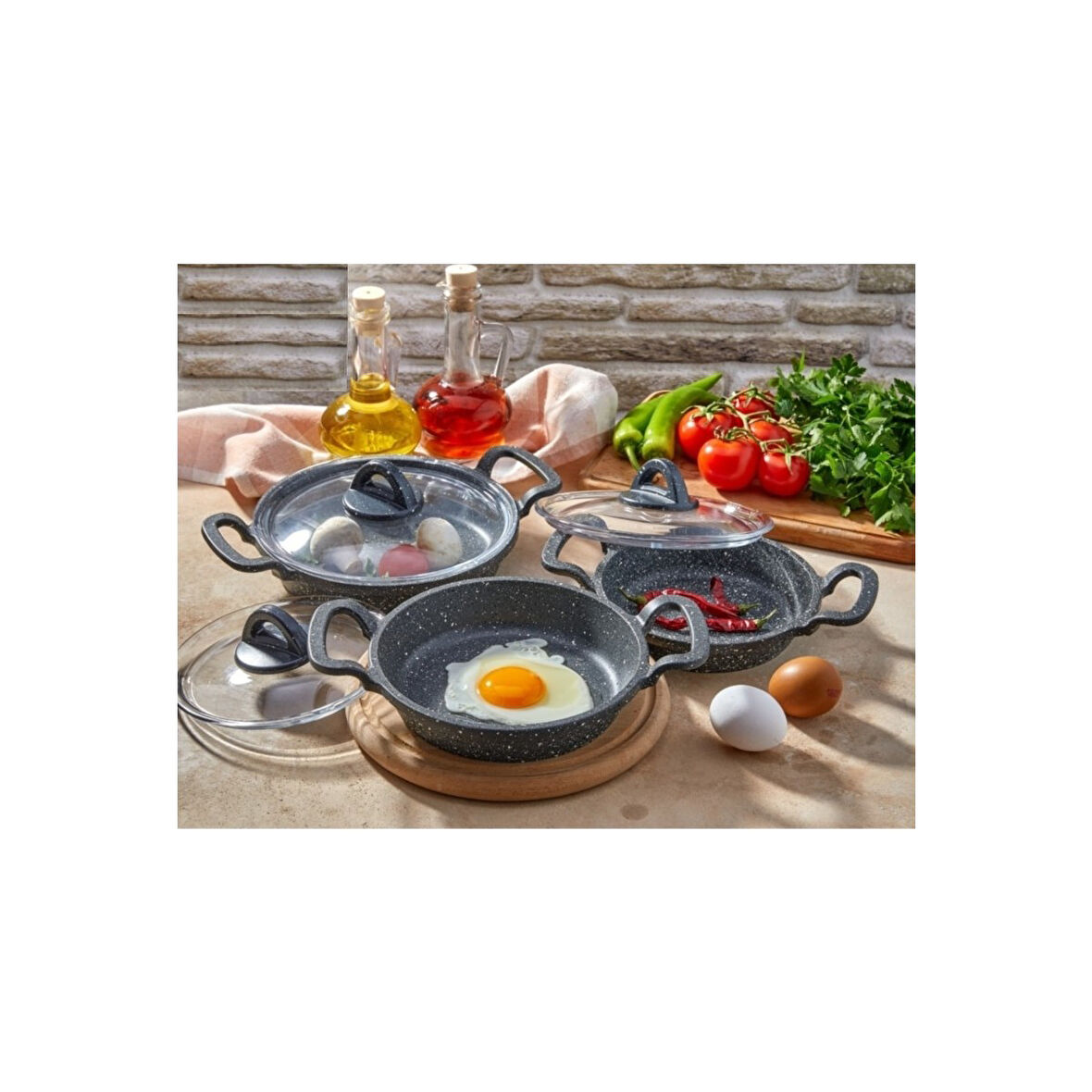 AKILLIELMA-EDA ZK-901 COOKWARE GRANİT DÖKÜM CAM KAPAKLI SAHAN TAVA SETİ YANMAZ YAPIŞMAZ 16/18/20 CM 3 BOY