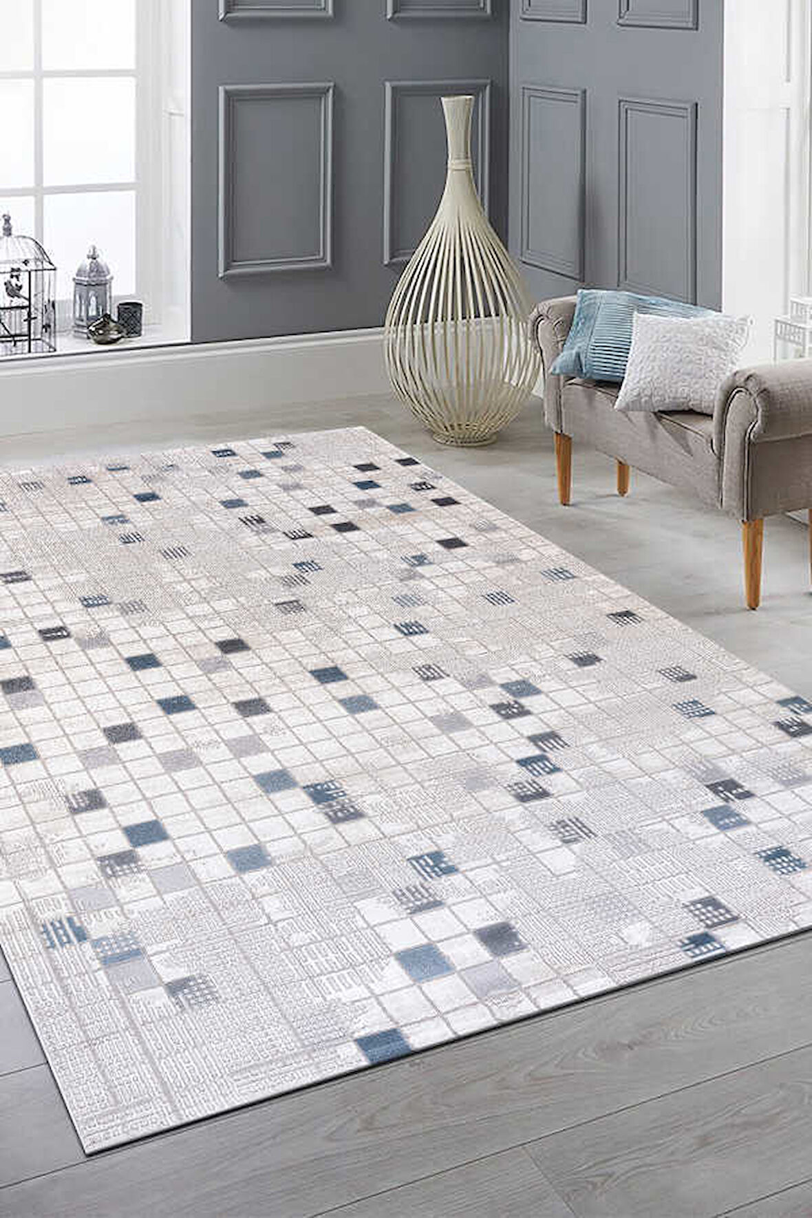 Bafra Beyaz Mavi Halı Yumuşak Oturma Odası Salon Çocuk Odası Mutfak Halısı P1190