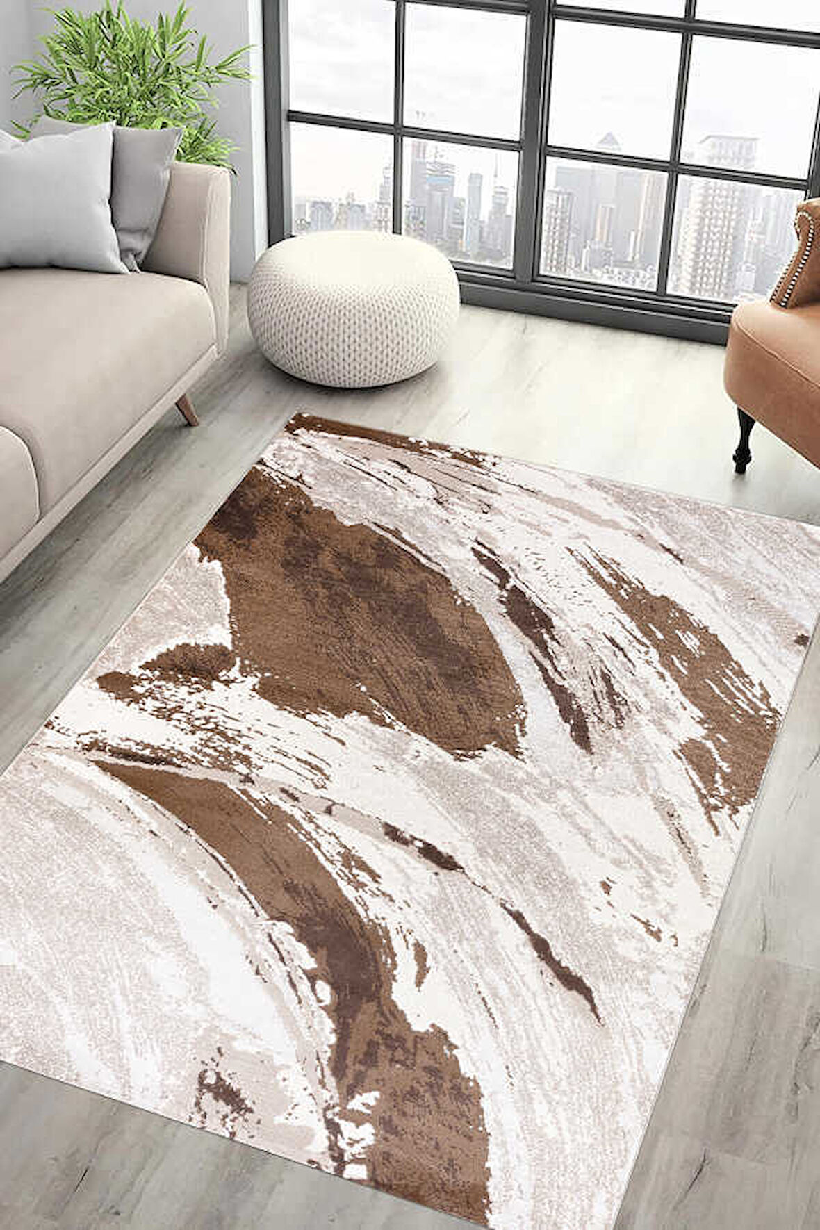 Bafra Beyaz Kahverengi Halı Yumuşak Oturma Odası Salon Çocuk Odası Mutfak Halısı P1197