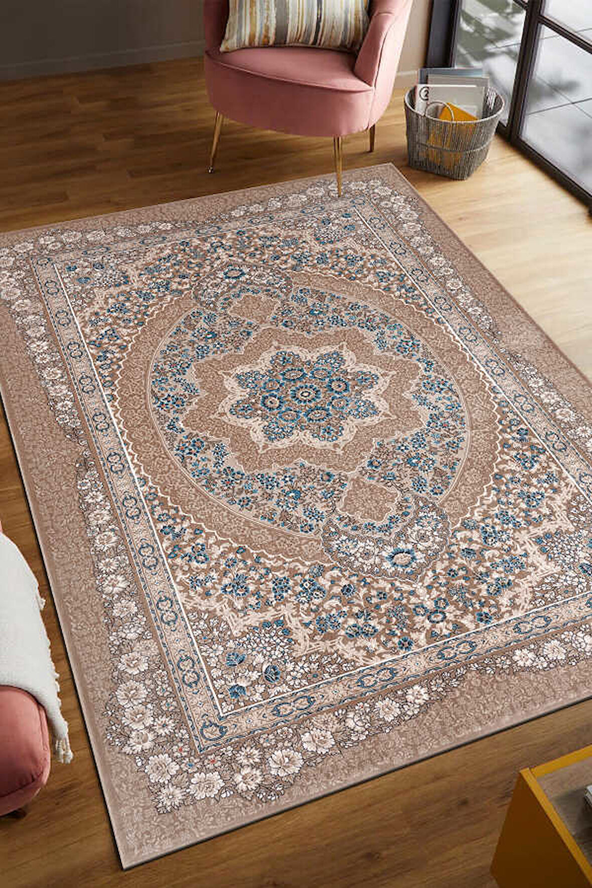 Amasra Bej Mavi Halı Yumuşak Oturma Odası Salon Çocuk Odası Mutfak Halısı P9086